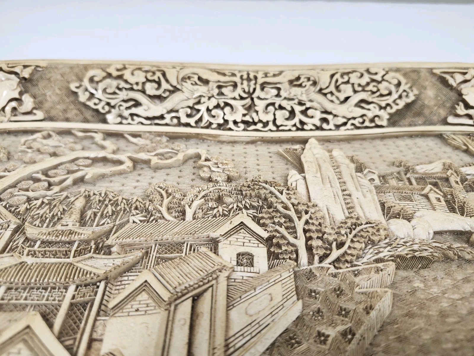 Vintage Asian Carved Look Resin Tray Landscape Figures Scene 14″ x 12″ Chinese