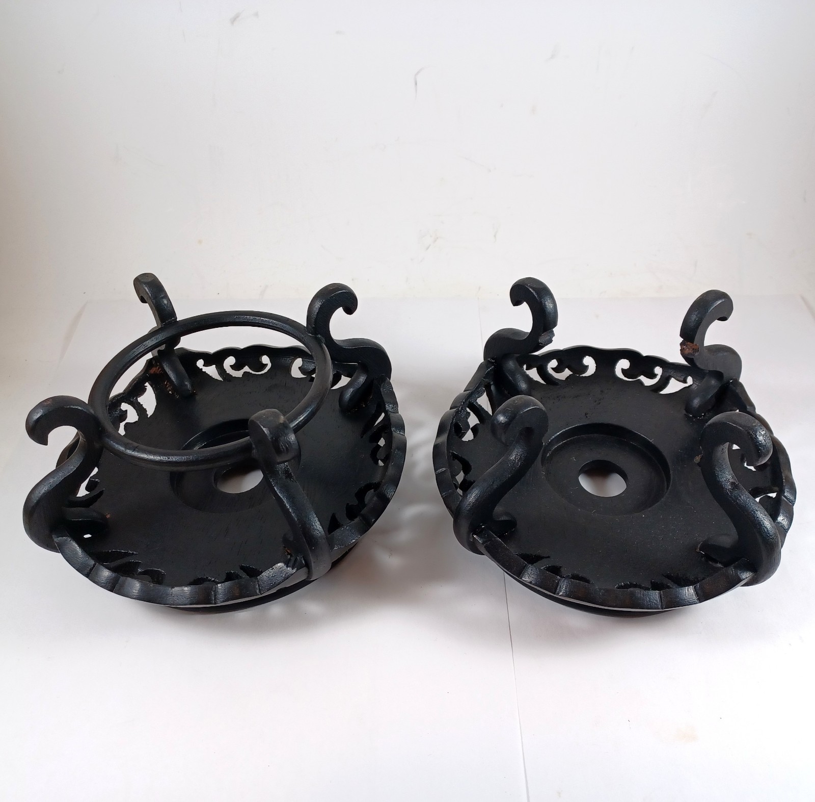 Vintage Chinese Carved Wood Vase Plant Stands, 4.25″ And 4.5″ Platforms
