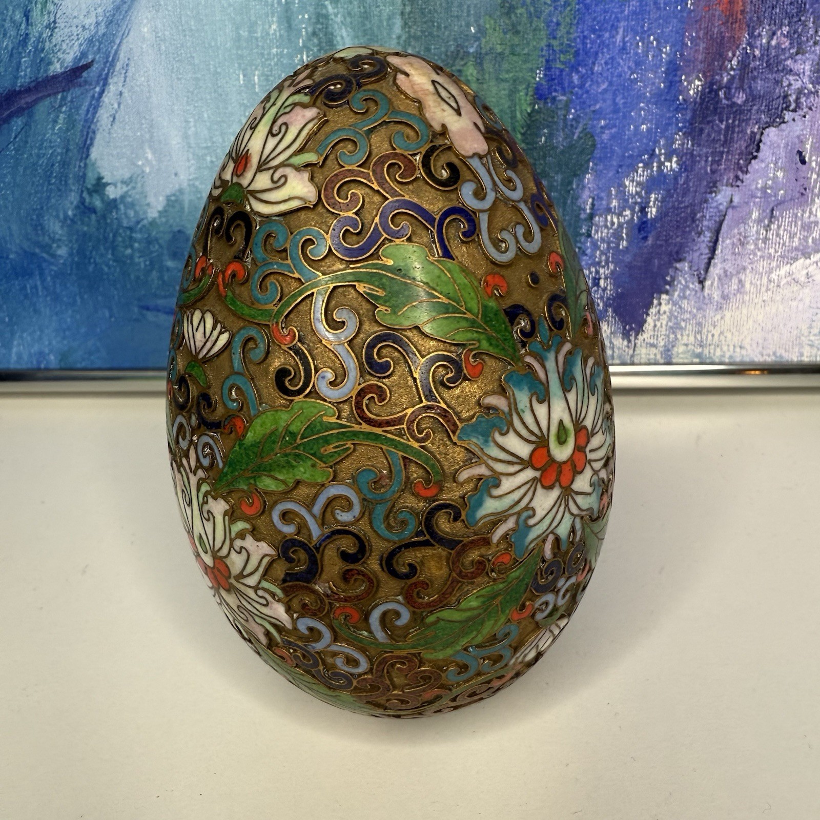 Chinese Cloisonné Metal Egg with Glass Display Stand Vintage Floral Enamel Lotus