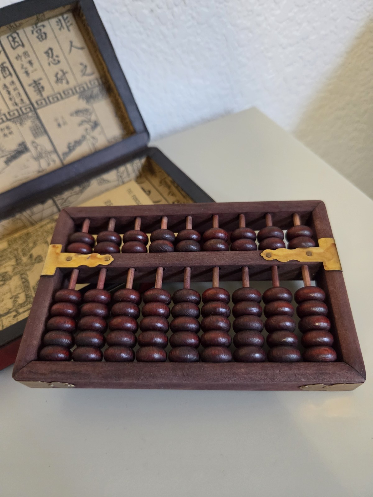 Vintage Chinese Abacus 2:5 Beads w/ Red Phoenix Dragon Brass Wood Box + Booklet