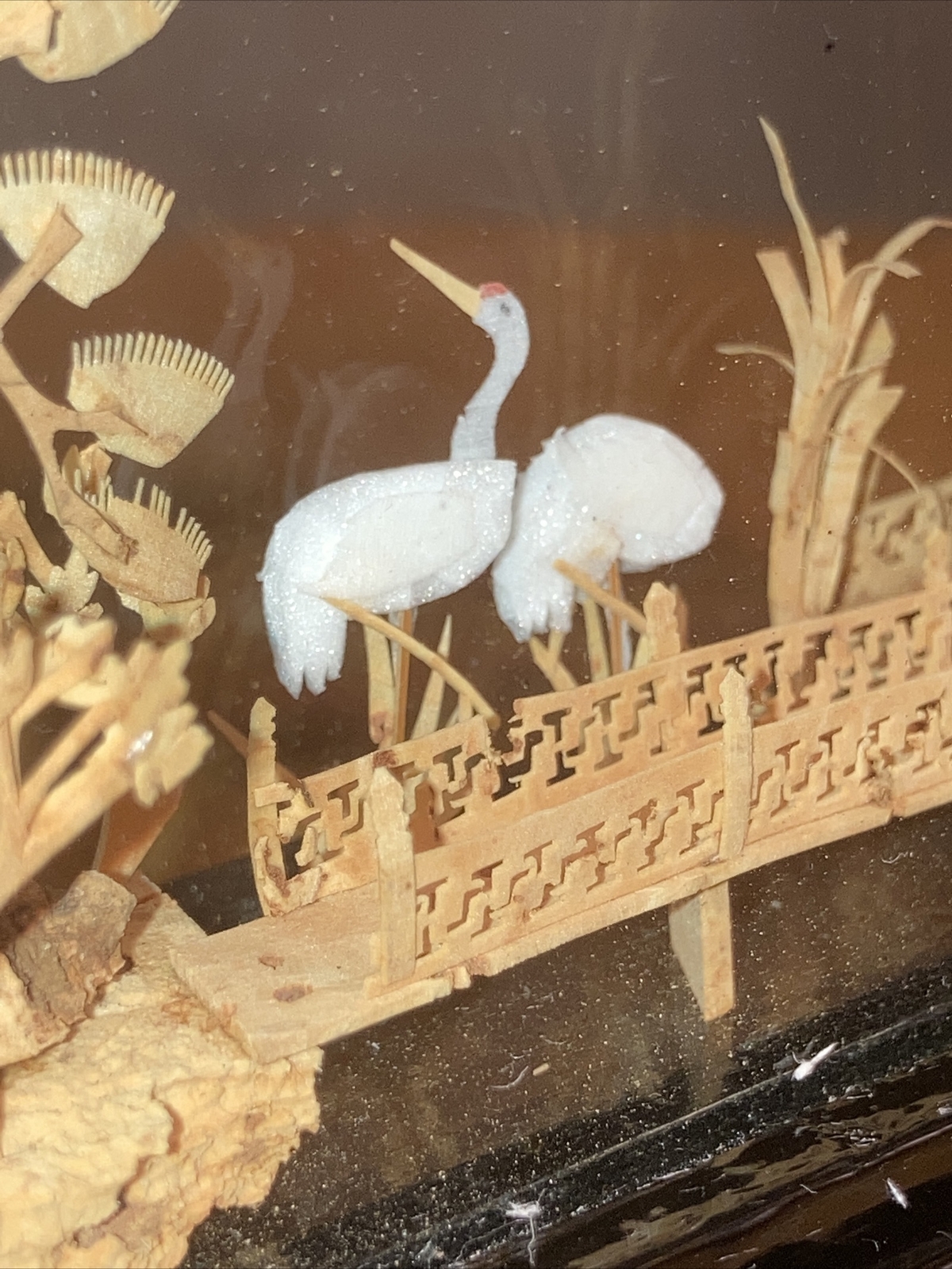 VINTAGE CHINESE SAN YOU DIORAMA CORK CARVING GLASS CASE PAGODA TREES & CRANES