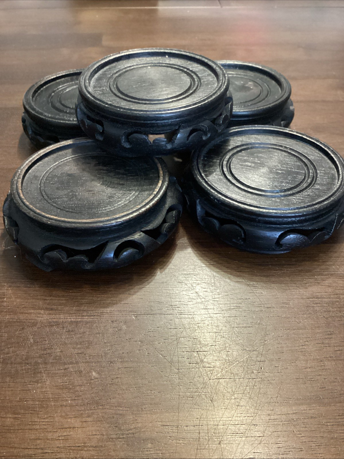 Chinese Hand Carved Wooden Round Display Stand Lot Of 5