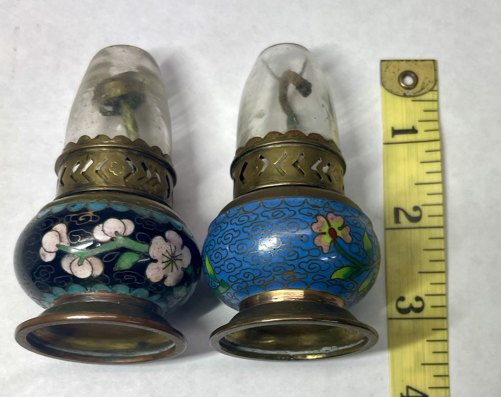 Vintage Cloisonne Enamel Mini Oil Lamp Pair Hong Kong Brass Glass Chimneys
