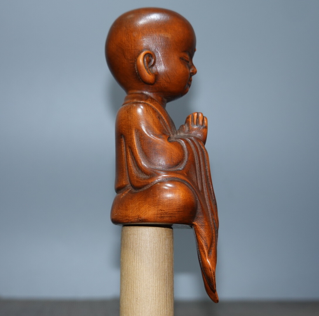 4.7″Collect China Box-wood Carving Small Little Monk Enlightenment Buddha Statue