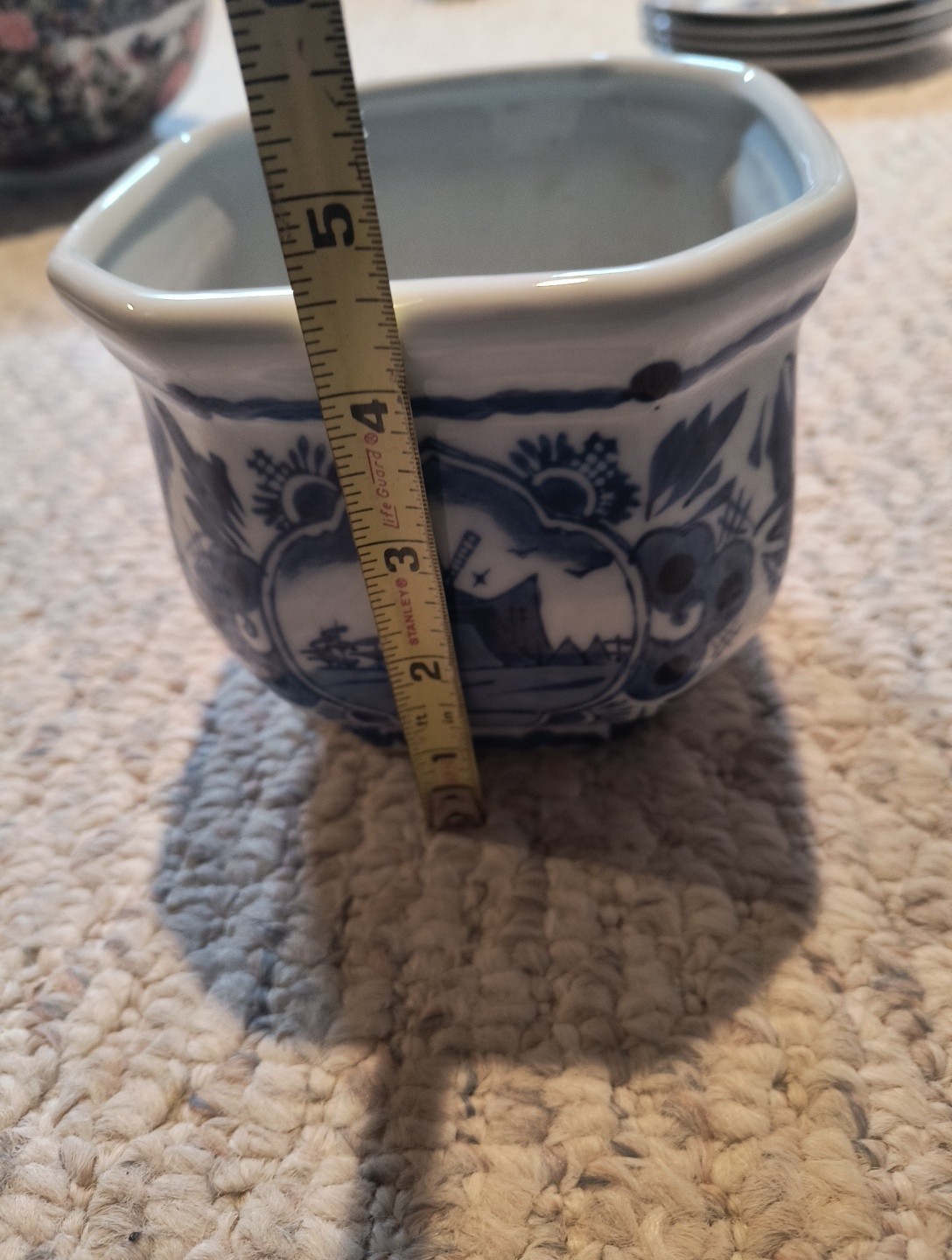 Planter Cloisonne Delft Style Windmill Floral Vintage Blue And White China