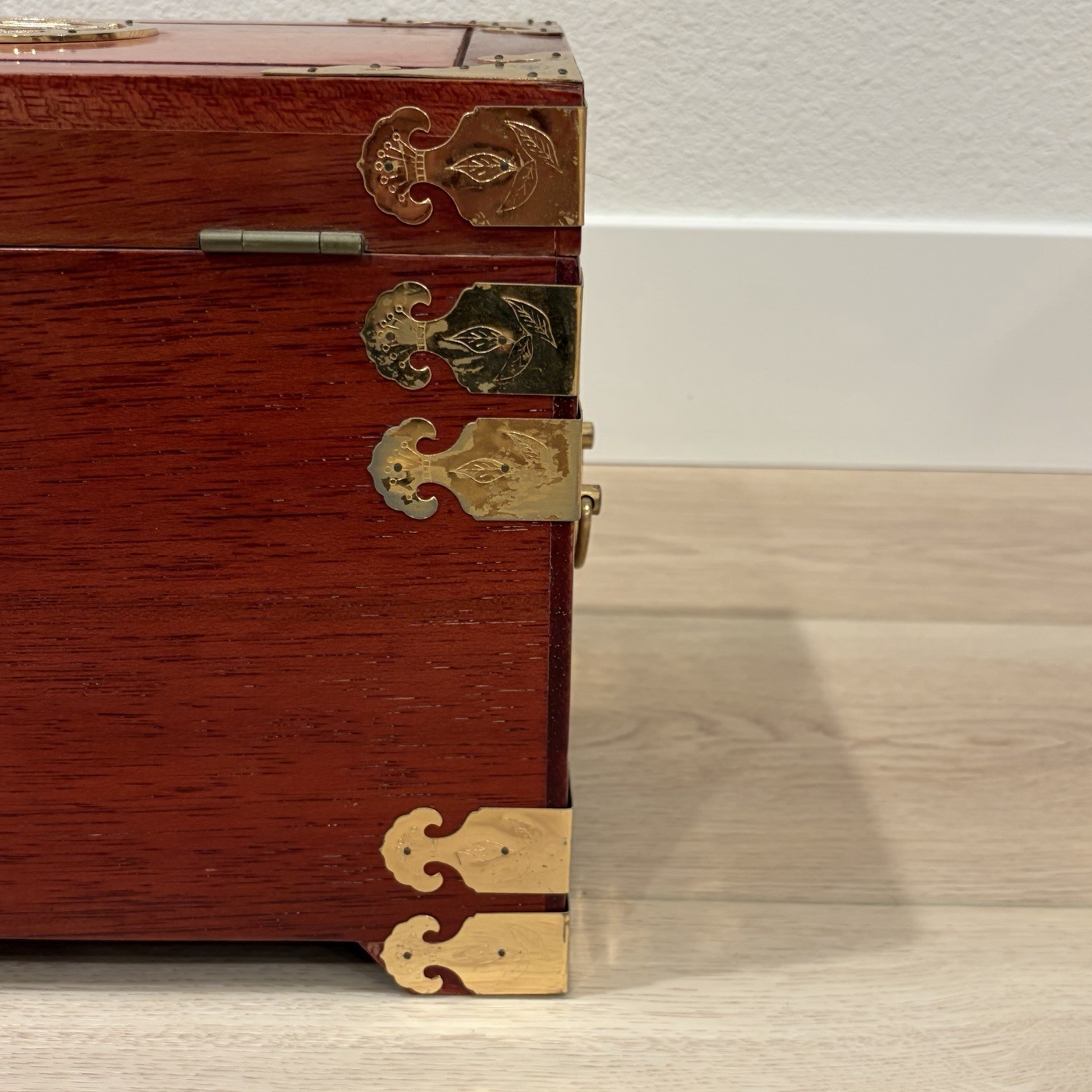 Large Chinese Rosewood & Brass 3 Drawer Flip Top Jewelry Box Longevity Symbol
