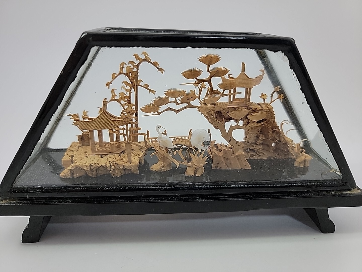 Vintage Asian Chinese PRC Carved Cork Diorama Pagodas Cranes Trees Decoration