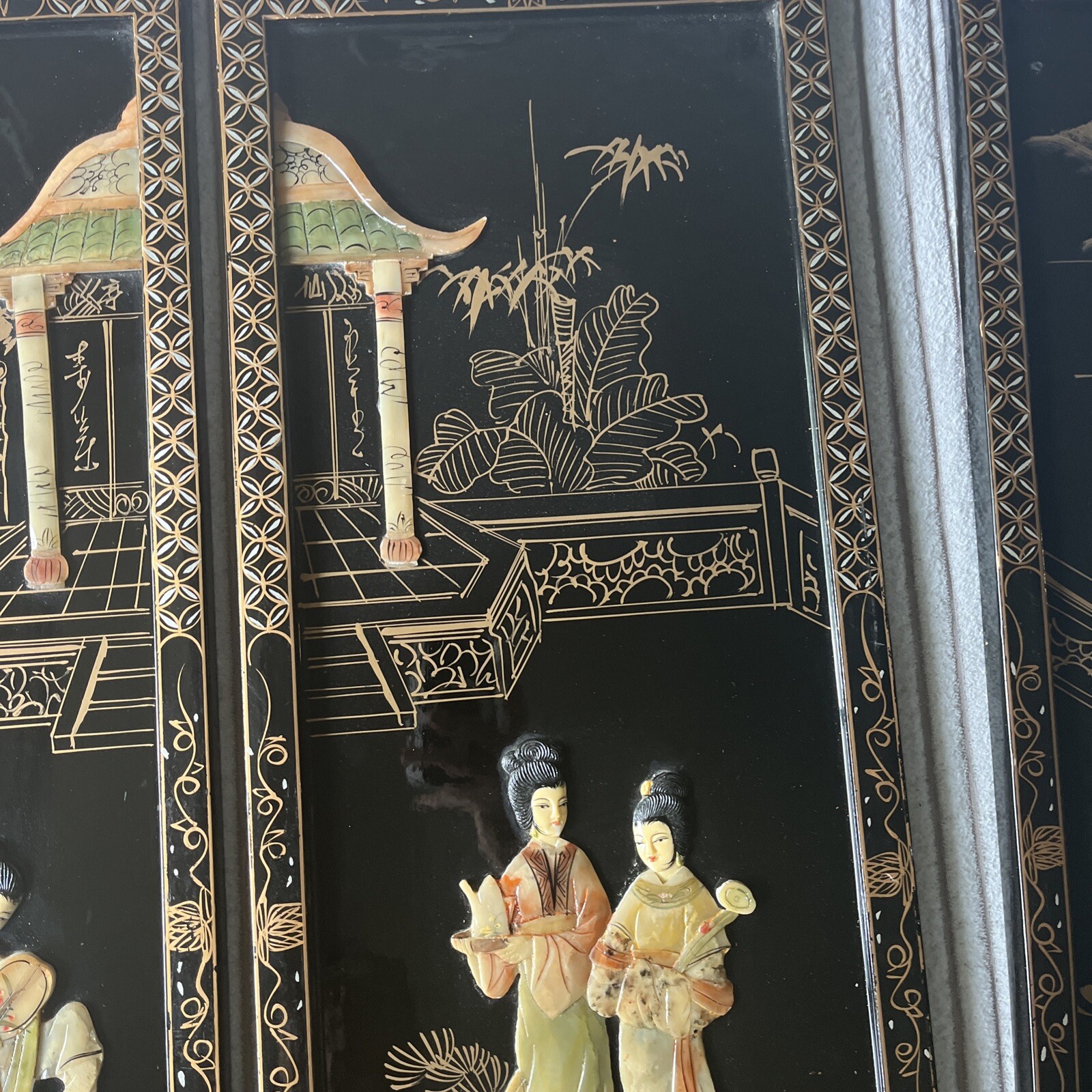 4 Asian/Oriental Hanging Wall Panels Mother Of Pearl Black Lacquer 36”X12” (READ