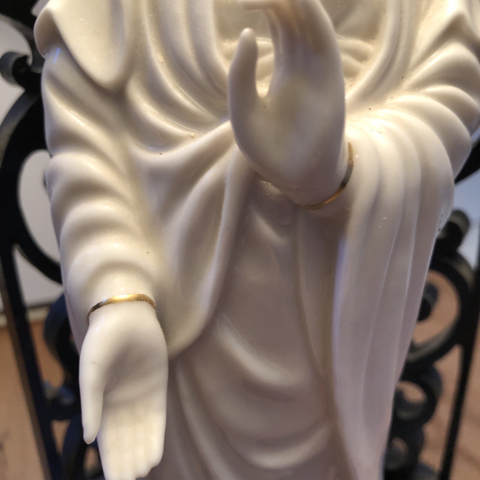 Blanc De Chine Buddha Figurine Lamp Green Shade Wooden Stand Vintage Asian Boho