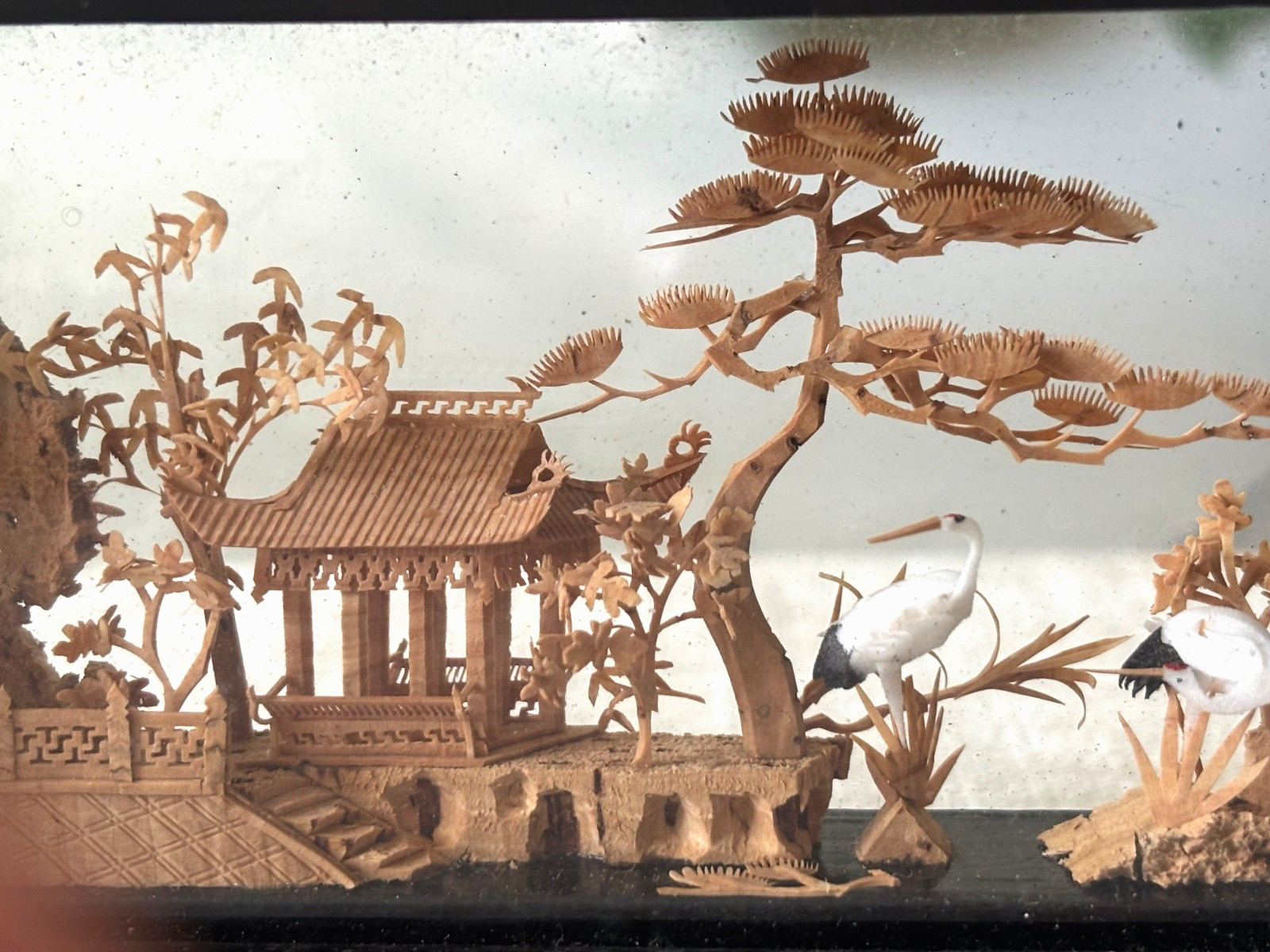 Vintage Chinese Carved Cork Diorama in Glass Cranes Trees Pagoda