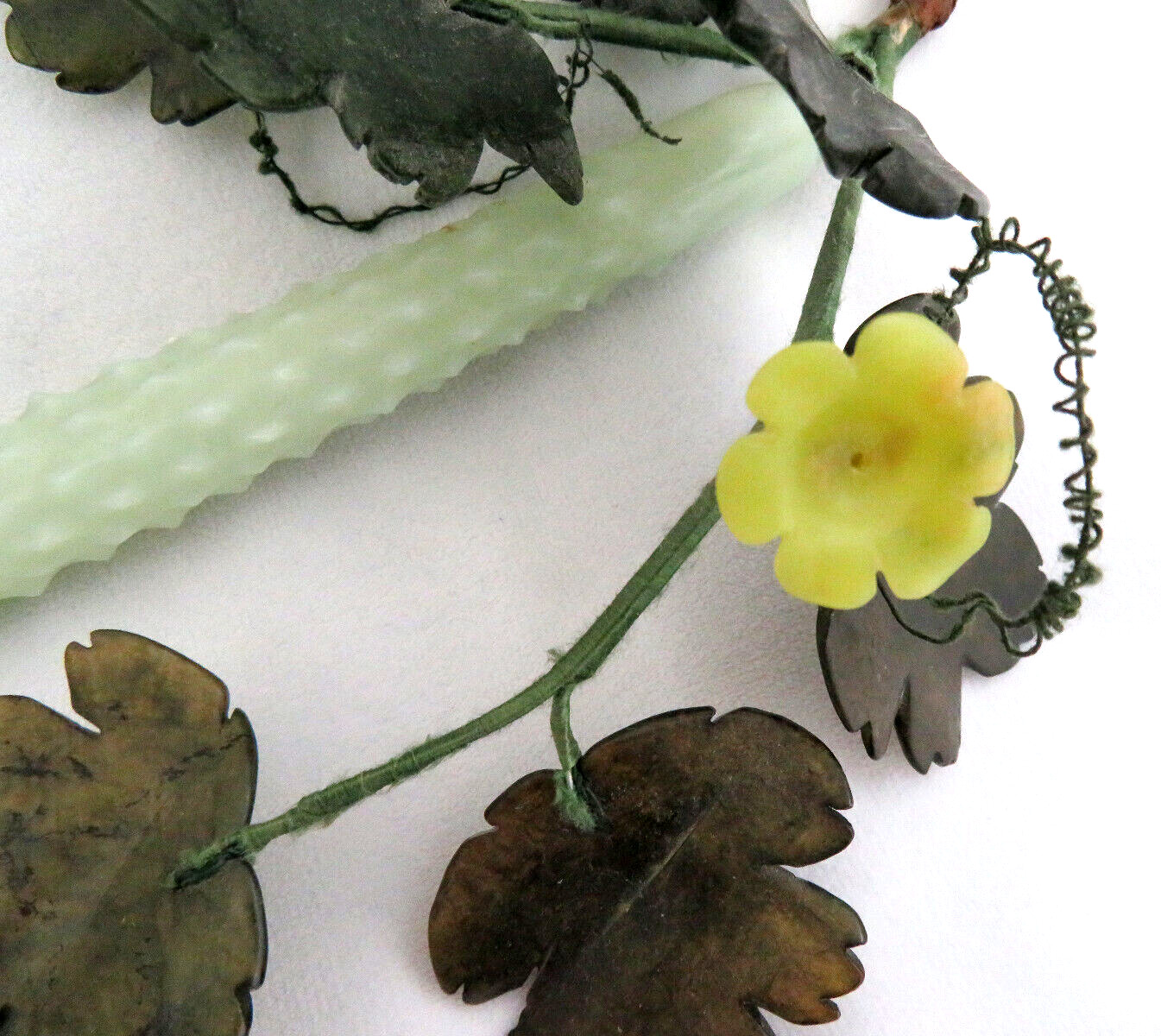 RARE Chinese Green Jade Gemstone Prickly Cucumber & Leaves Sculpture 11″ Long