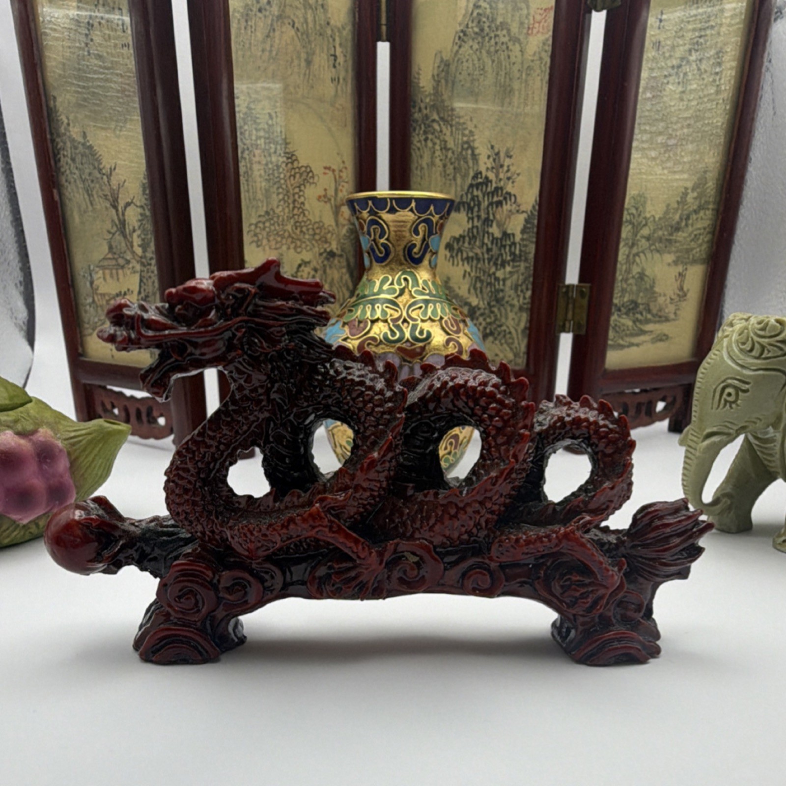 Antique Chinese Handmade Collectible Set: Vase, Teapot, Dragon, Elephant, Screen