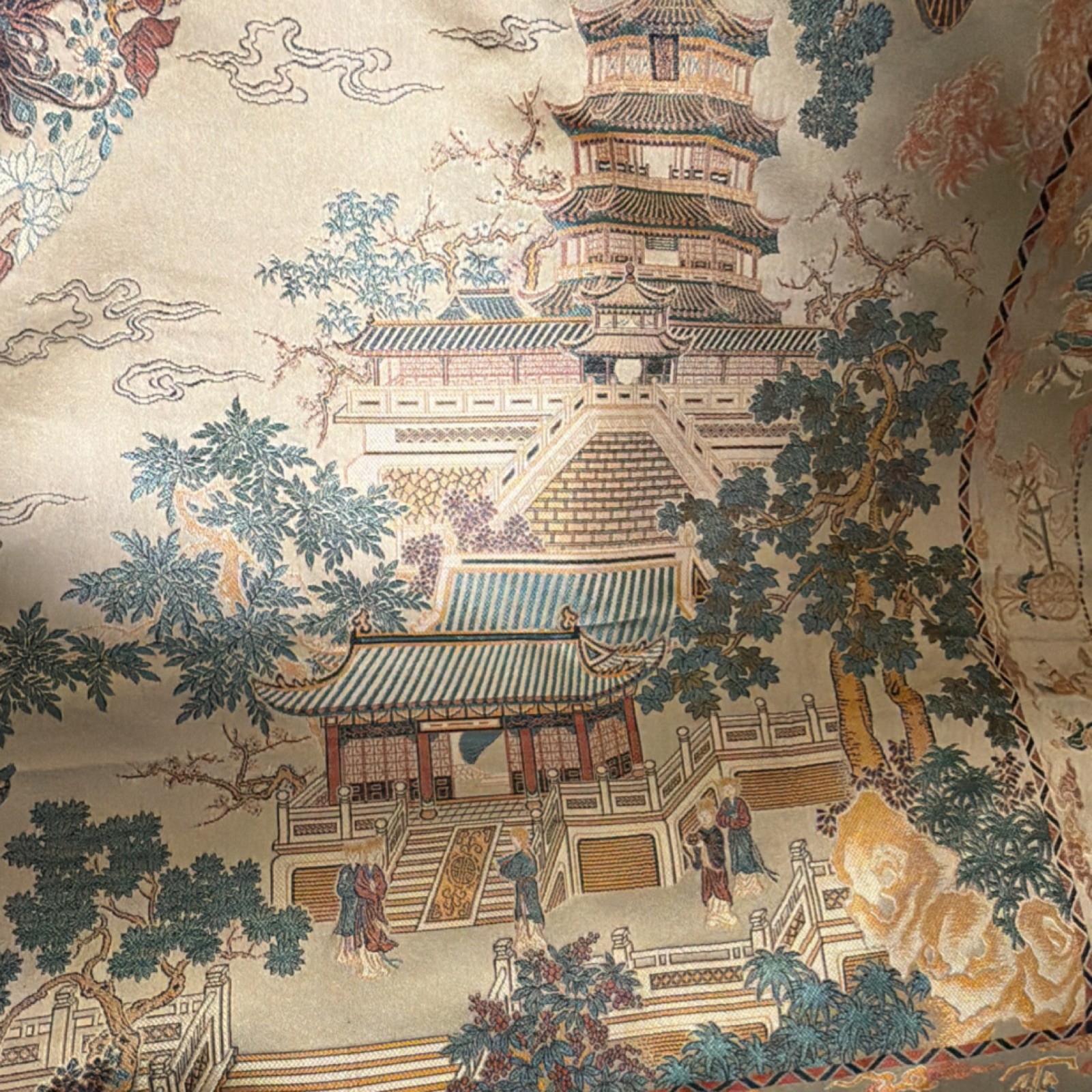 Chinese Decorative Brocade Tapestry with Pagoda and Garden Scene