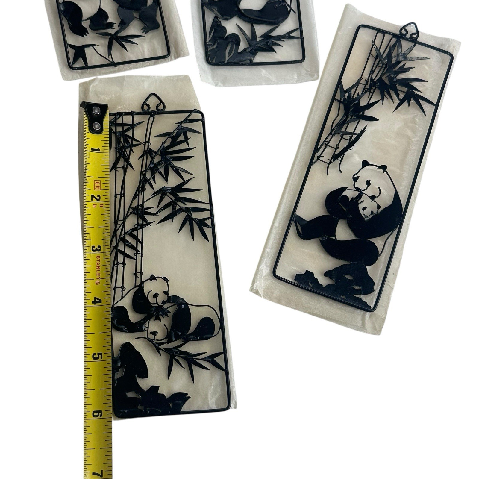 Chinese Iron Picture Panda Bamboo Tin Art Set Of 4
