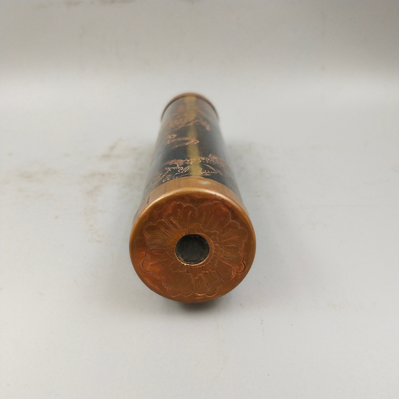 7.5″ old copper carved lion foo fu dog See Wonderful Scene optical kaleidoscope