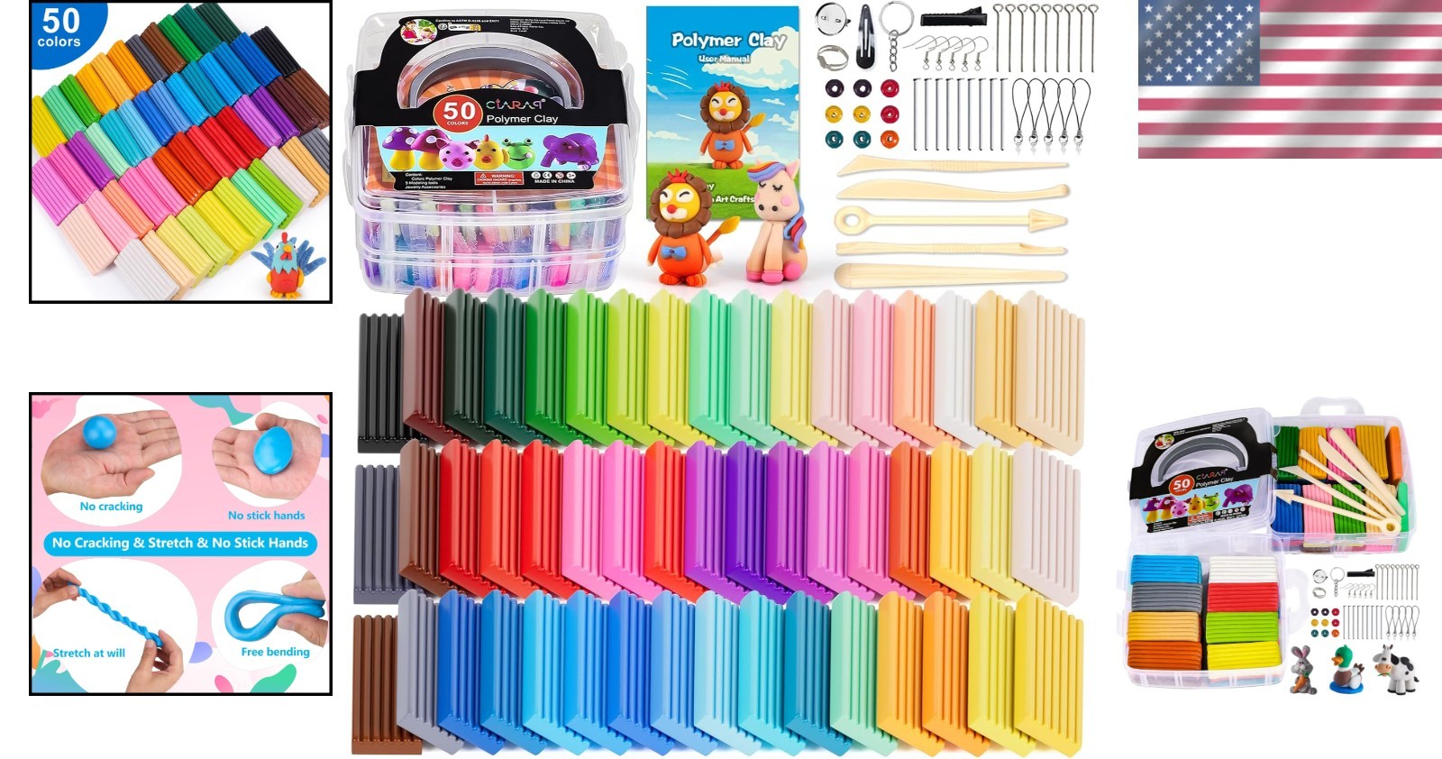 50-Color Non-Toxic Polymer Clay Oven Bake Kit with Sculpting Tools & Storage Box