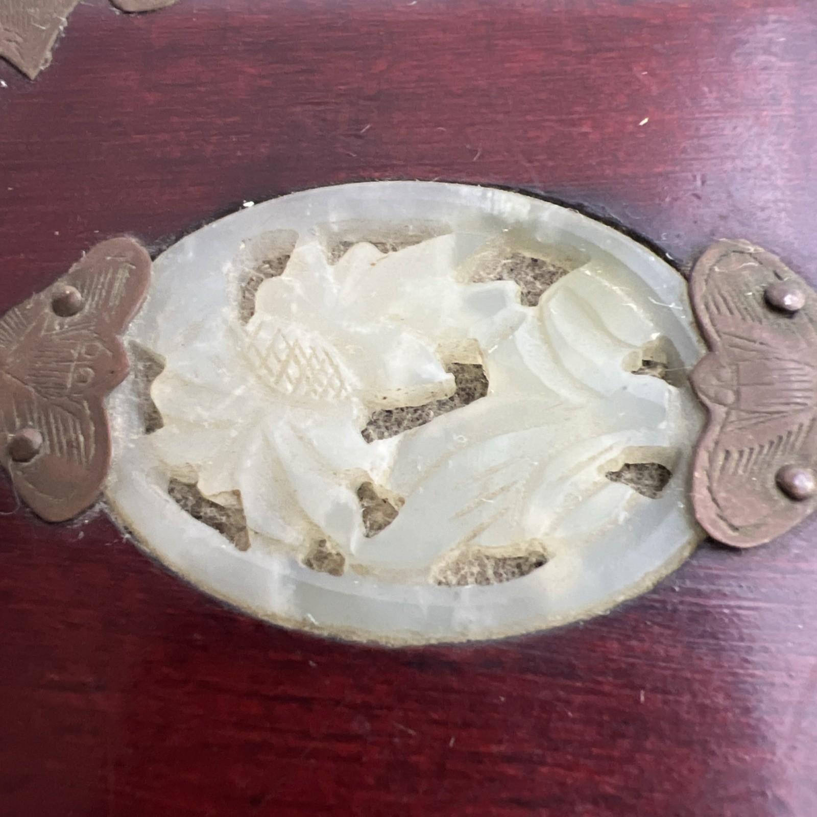 Rare Vintage Chinese Mahogany Jewel Box Chased Brass Accent Lock Jade Medallion