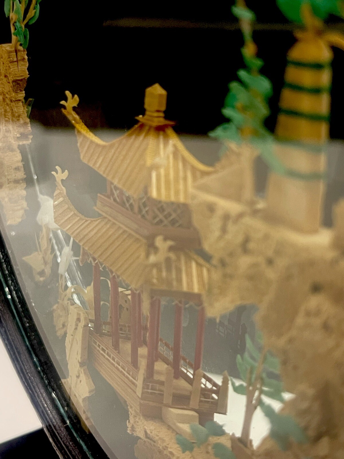 VTG PERFECT Chinese Cork Carving Lattice Pavilion Diorama Black Lacquer Frame