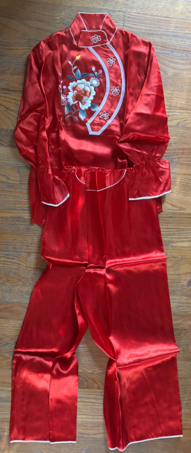 Vintage Chinese Red Silk Pajama Robe Set w/ Slippers & Box 1950s
