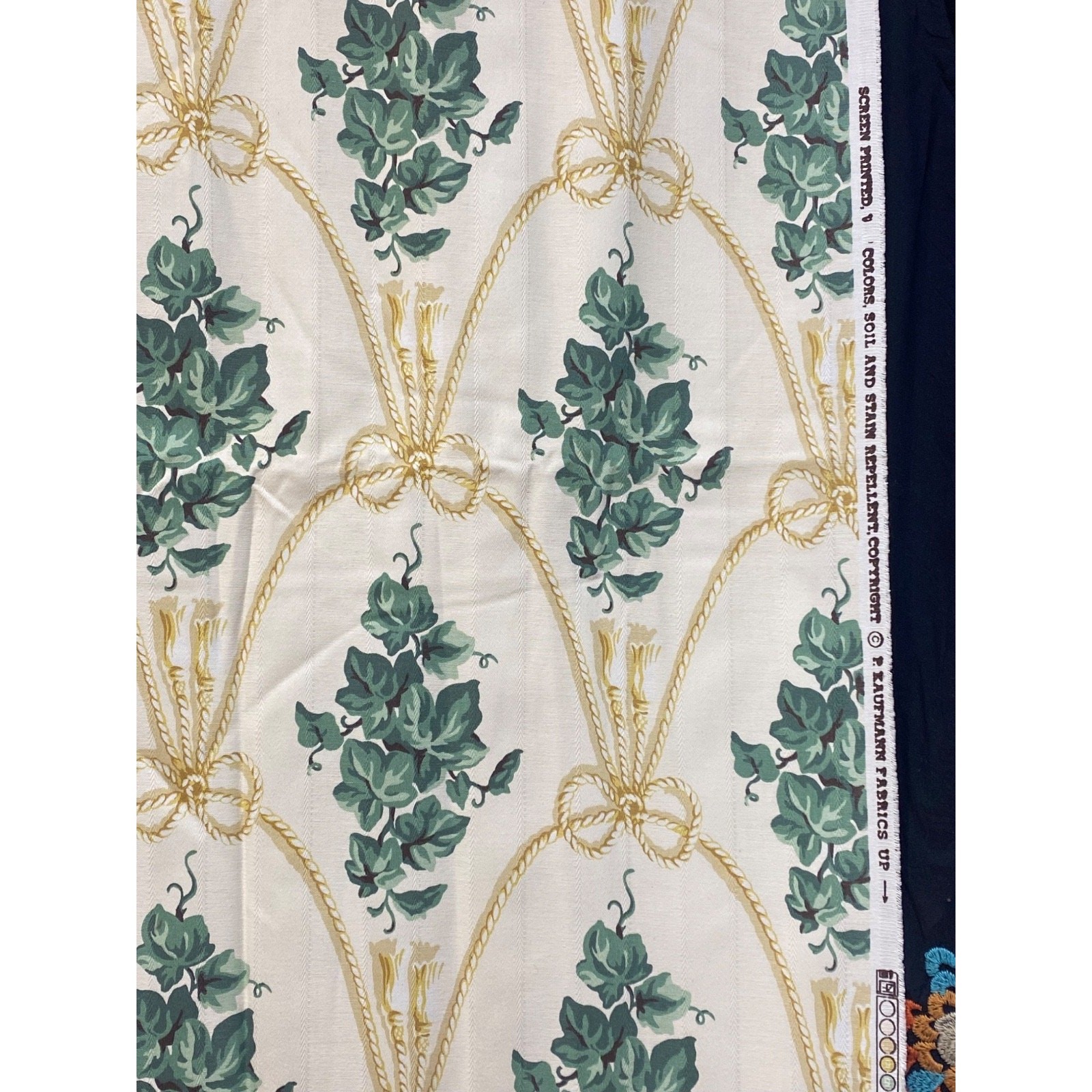 P. Kaufmann fabric pale yellow green ivy leaves white rope Cord Tassels 54″x200″