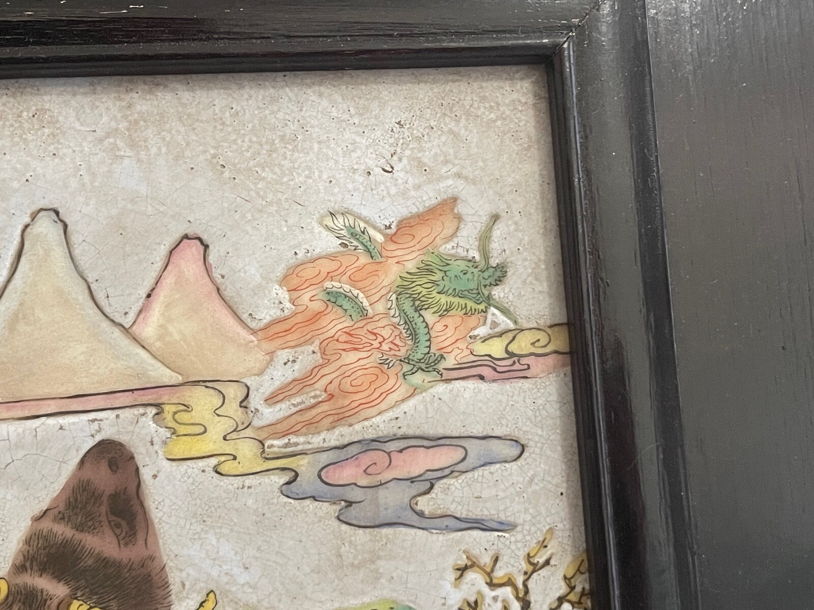 Vintage Chinese Framed Ceramic Plaque w/ Painted Man Figures & Dragon