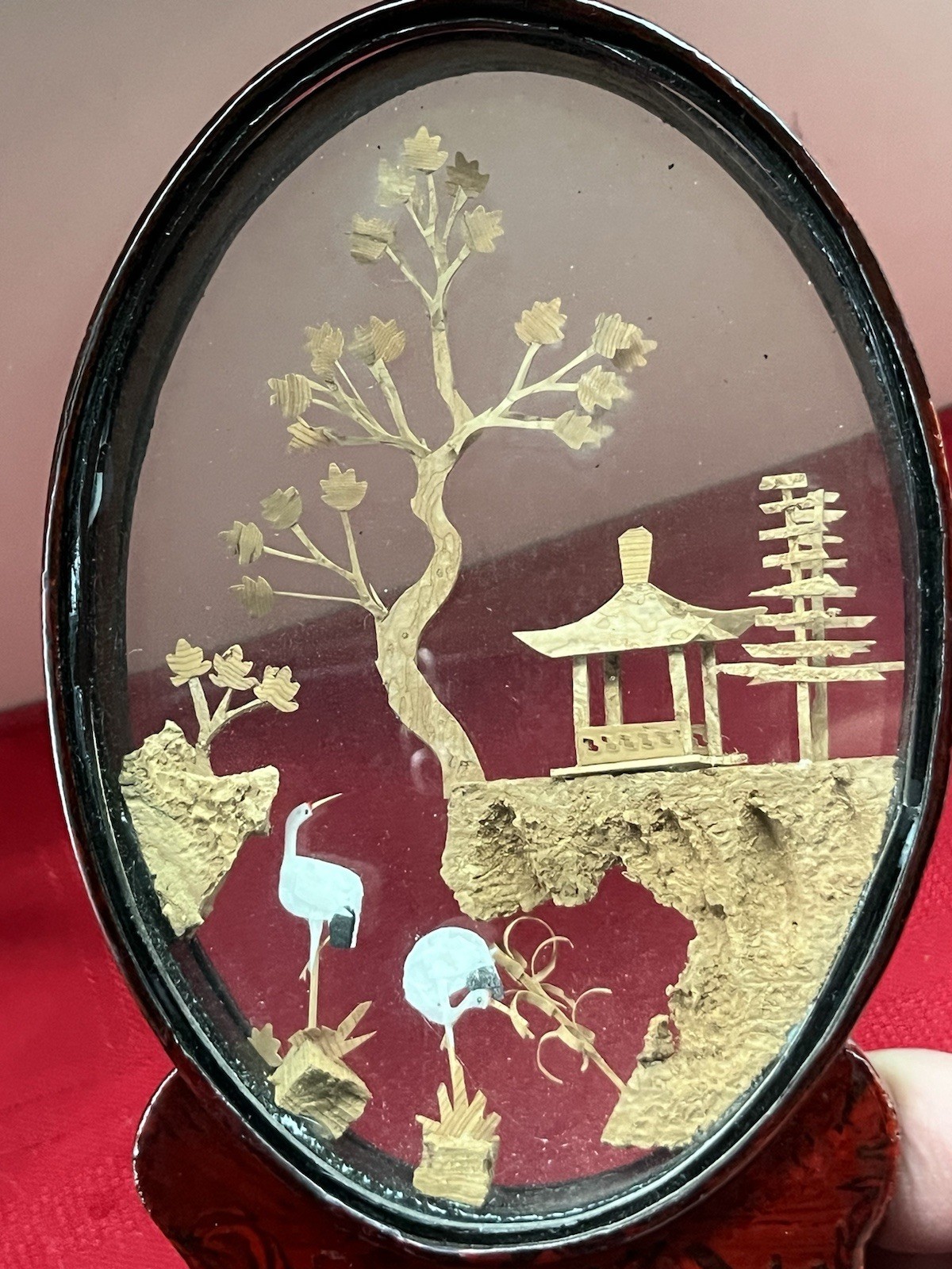 8” CHINESE 3D CARVED CORK ART DIORAMA OVAL GLASS SHOWCASE CRANES PAGODA TREES