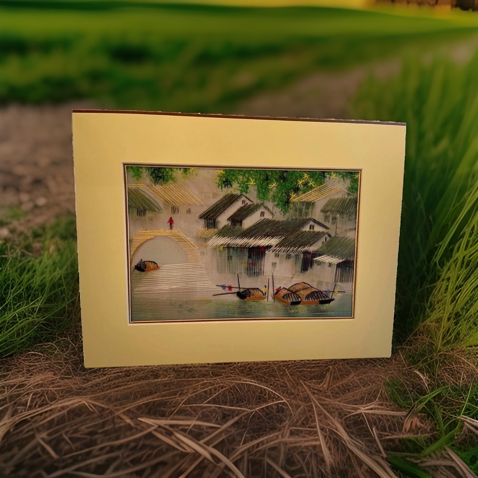 Chinese Silk Tread Art In A 7.5 X 9.5 “ Matt. No Frame. Beautifully Done.