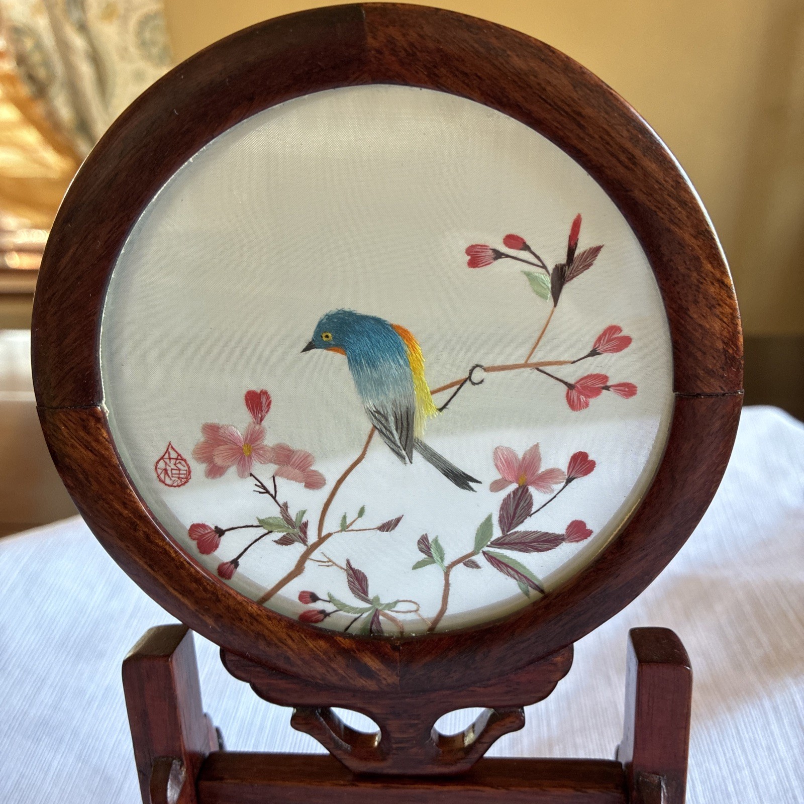 VNTG Chinese Silk Double Sided Embroidery Songbird Round Table Screen Wood/4.5”