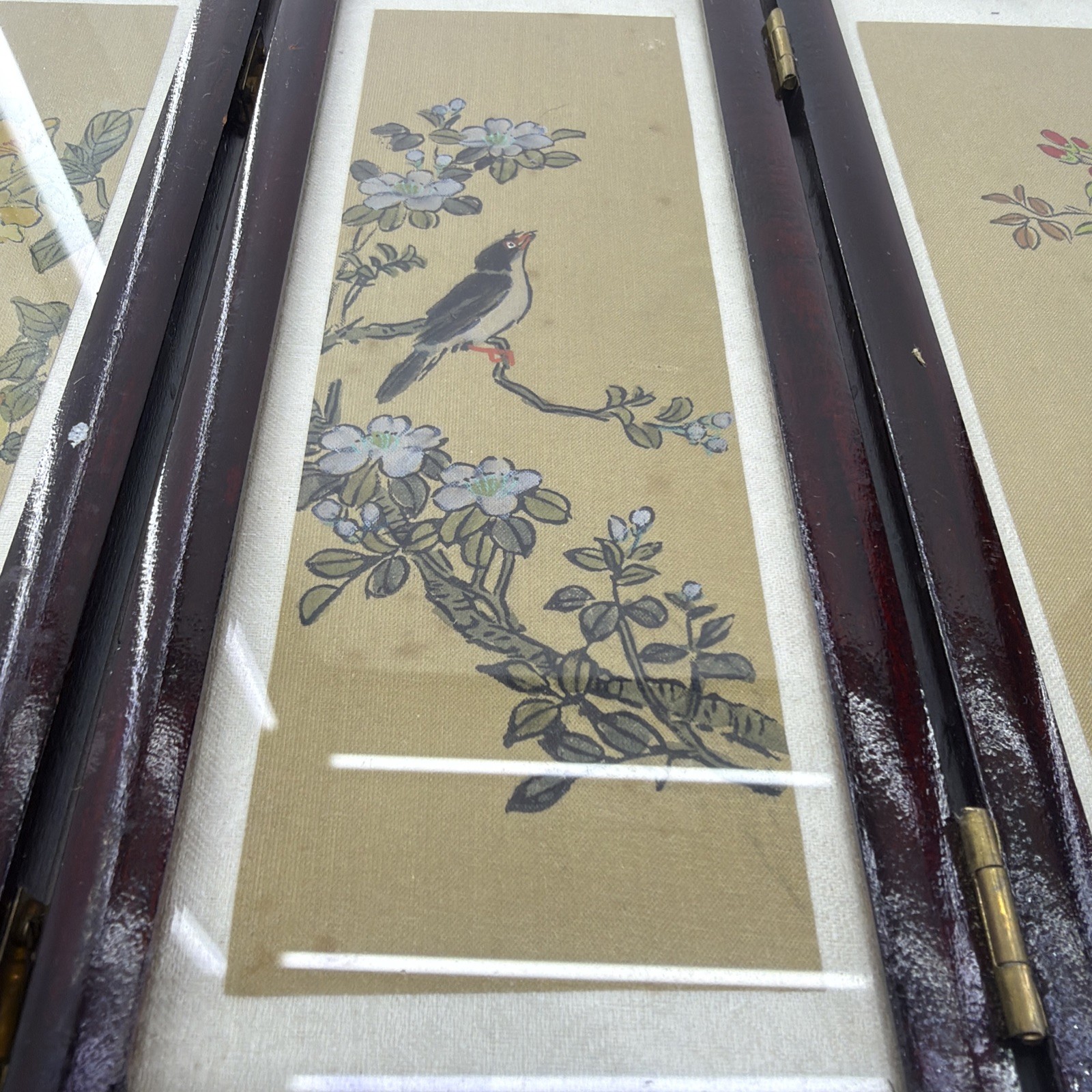 Small Vintage Chinese Folding Tabletop Screen 4 Panel 2 Sided 9.5″ x 14″