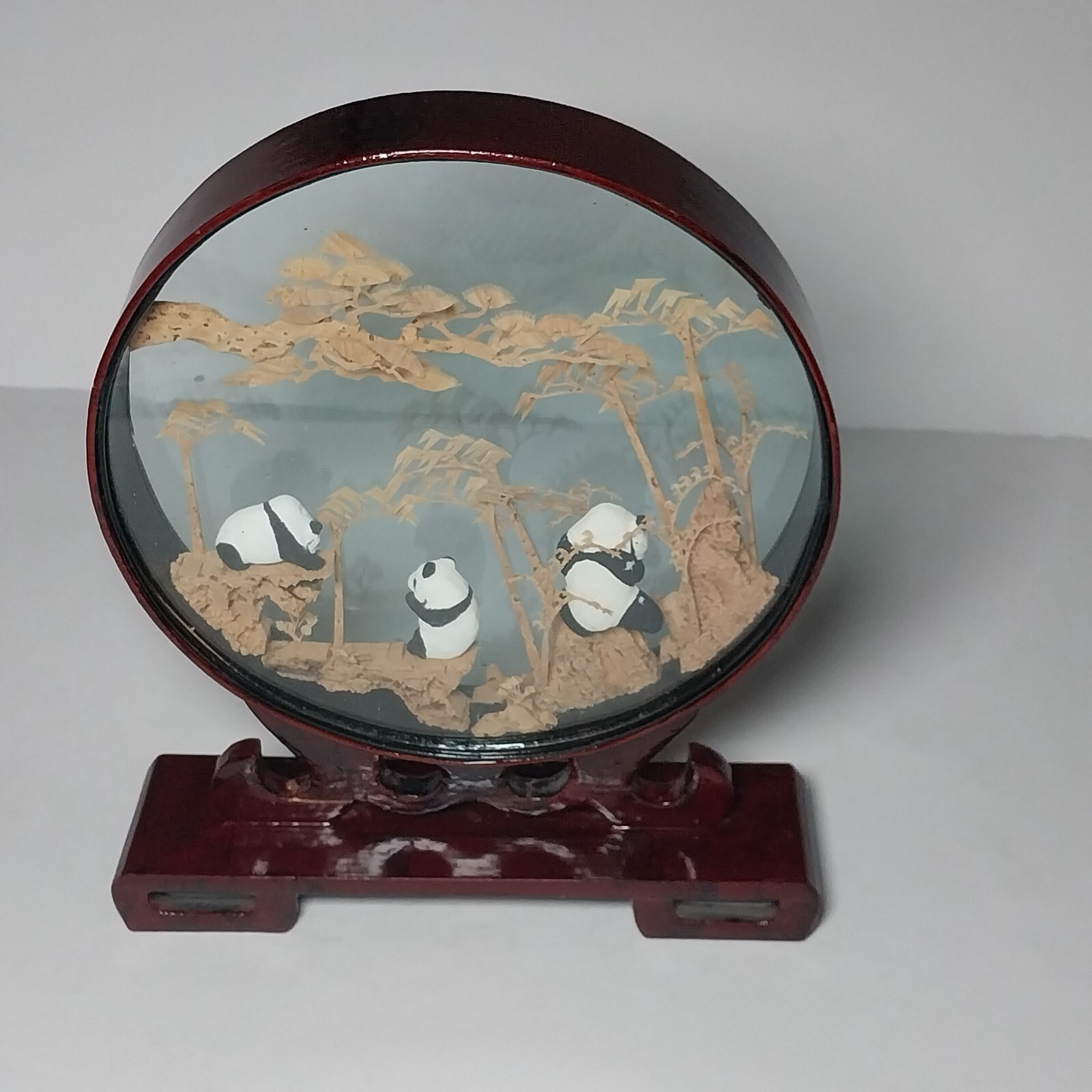 Antique Asian Carved Cork Framed Glass Diorama w/ Panda Bear Figures on Stand