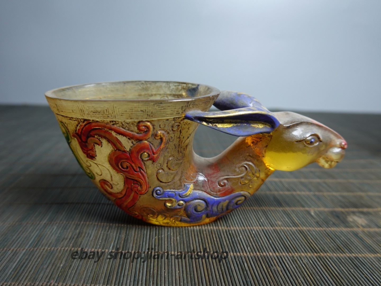 5.5″ Collect China Coloured Glaze Painted Cloud Dragons Rabbit-head Holding Cup