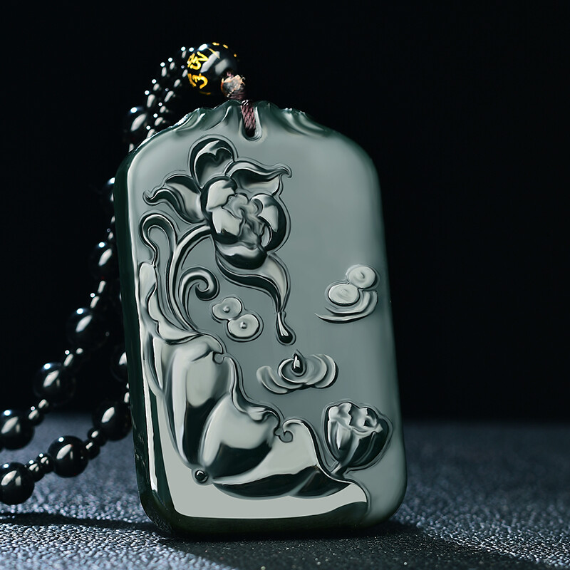 Chinese Hetian Gray Jade Hand Carving Lotus Pond Lotus Flower Cyprinoid Pendant