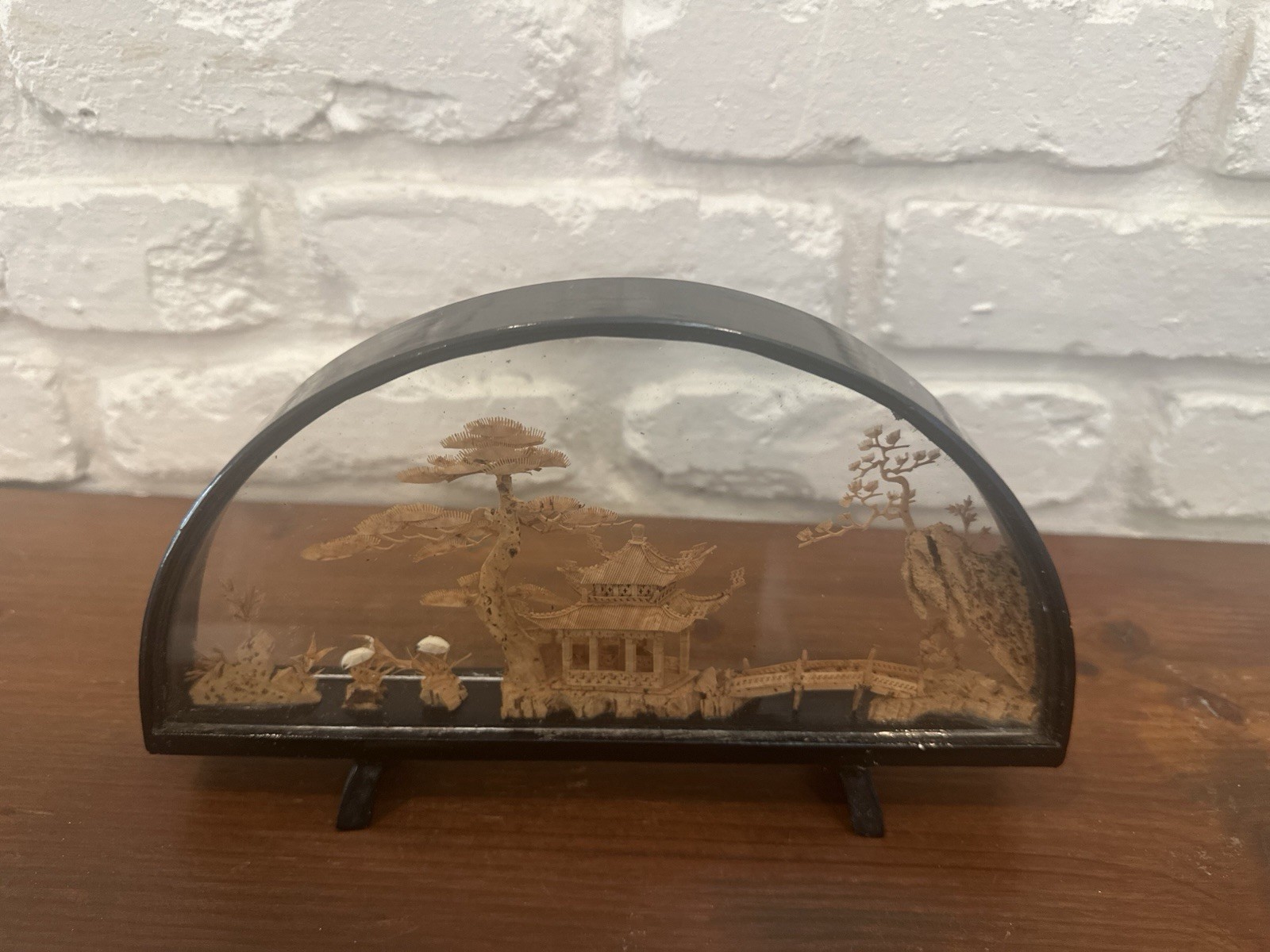 VINTAGE CHINESE SAN YOU DIORAMA CORK CARVING GLASS CASE PAGODA TREES & CRANES.