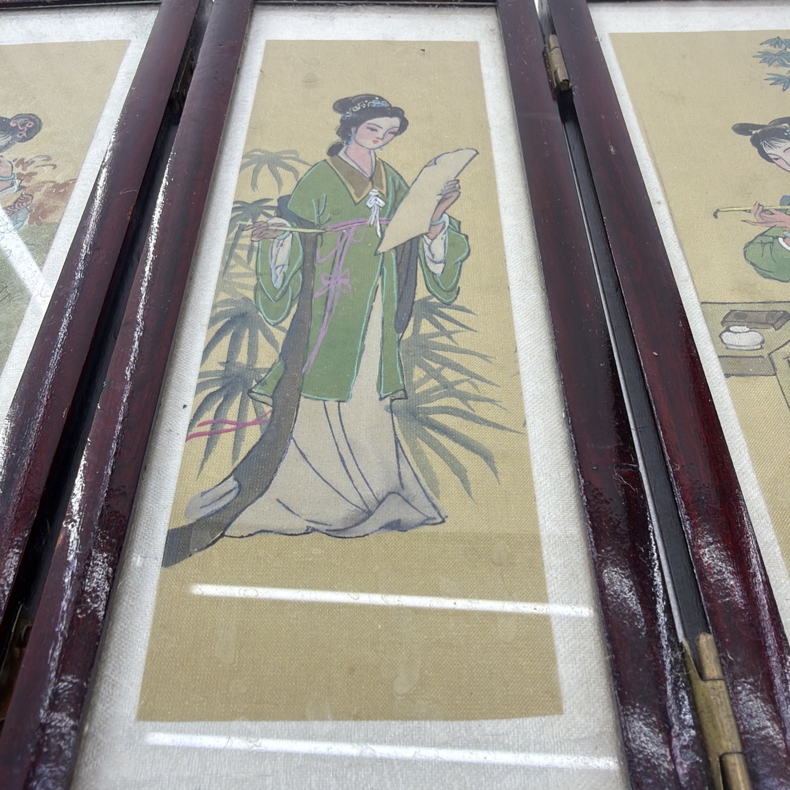 Small Vintage Chinese Folding Tabletop Screen 4 Panel 2 Sided 9.5″ x 14″