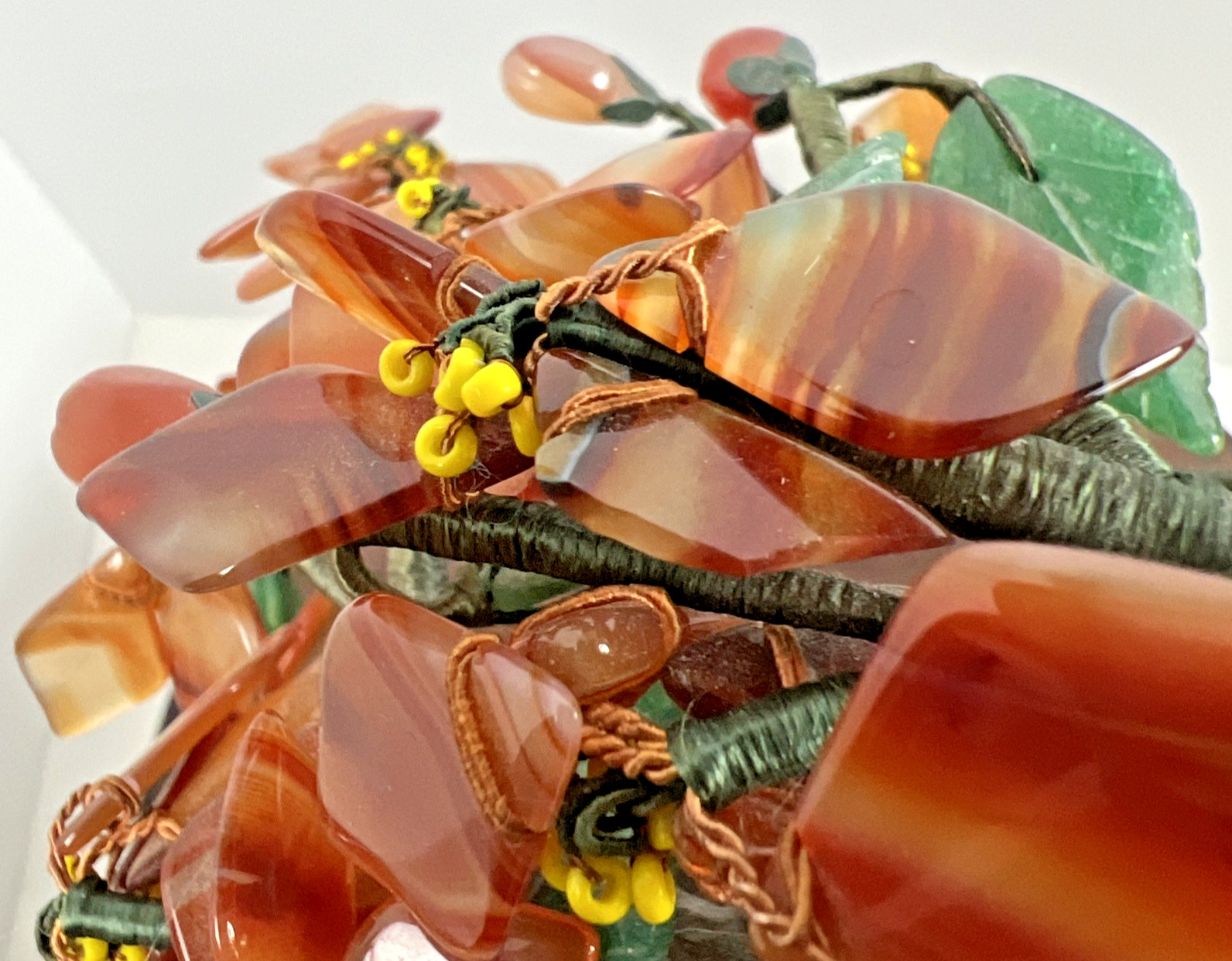 Vintage Carved Jade Tree Bonsai Flowers Brass Pot Agate Carnelian Fall Colors