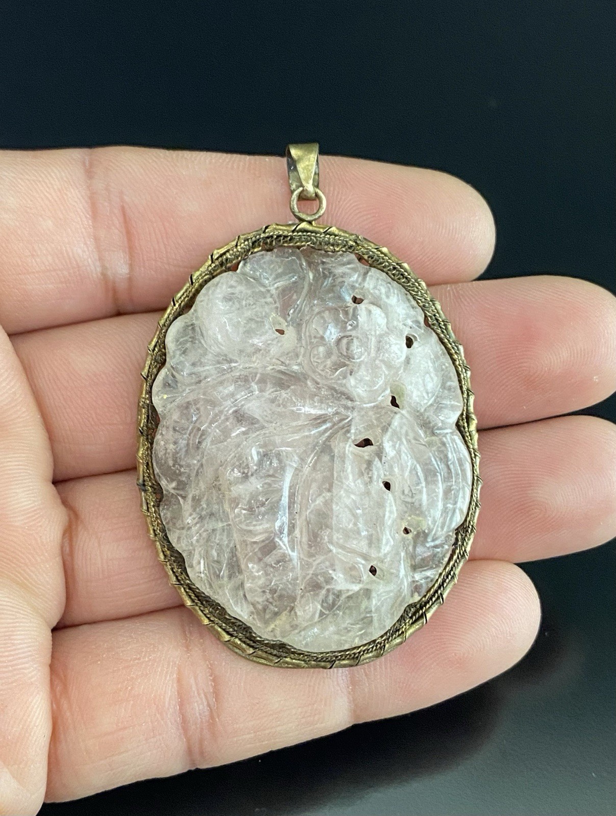 Chinese VTG Carved Pink Quartz Large Oval Intricate Sterling Filigree Pendant