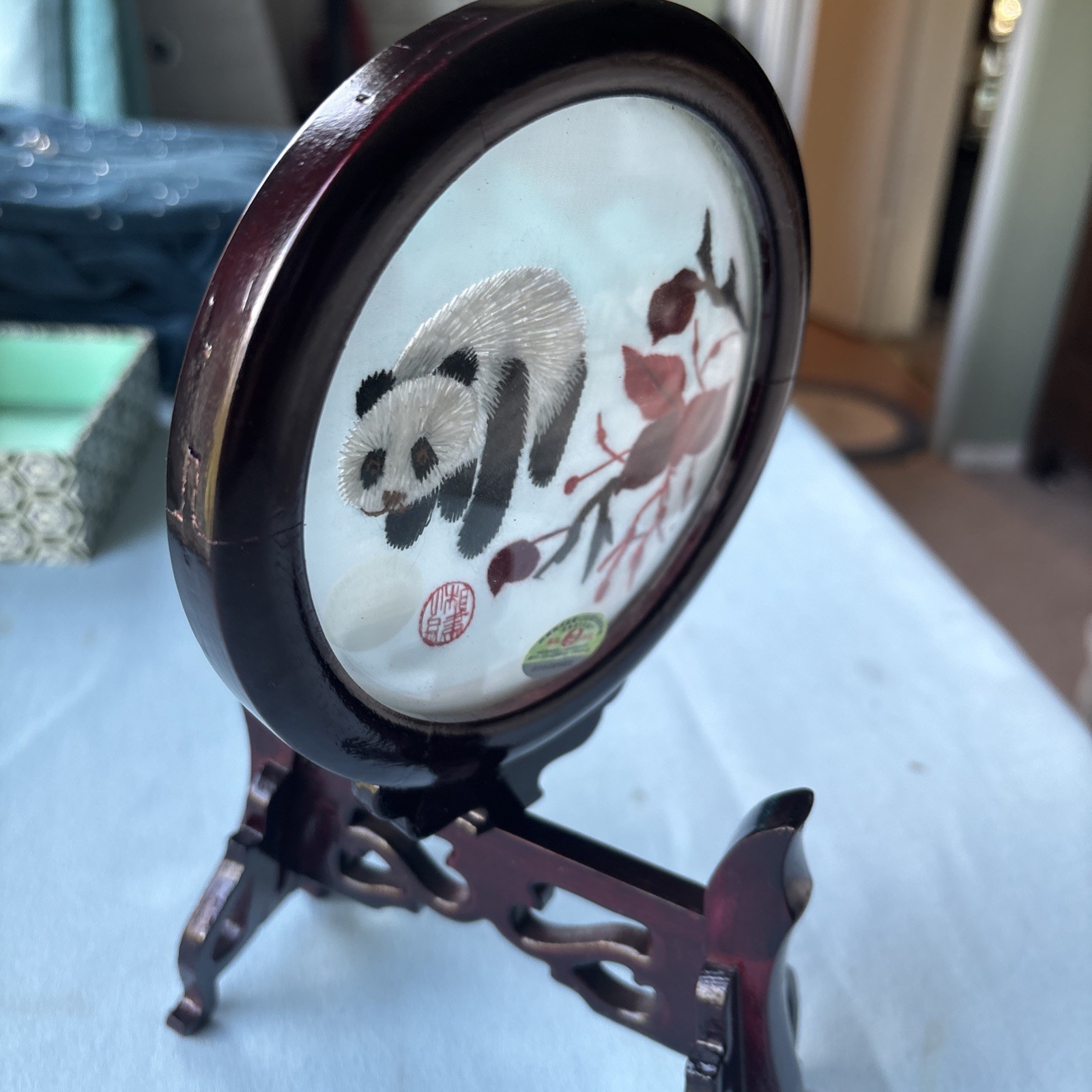 Handmade Chinese Double-Sided Silk Embroidery Panda Art Wood Stand w/Gift Box