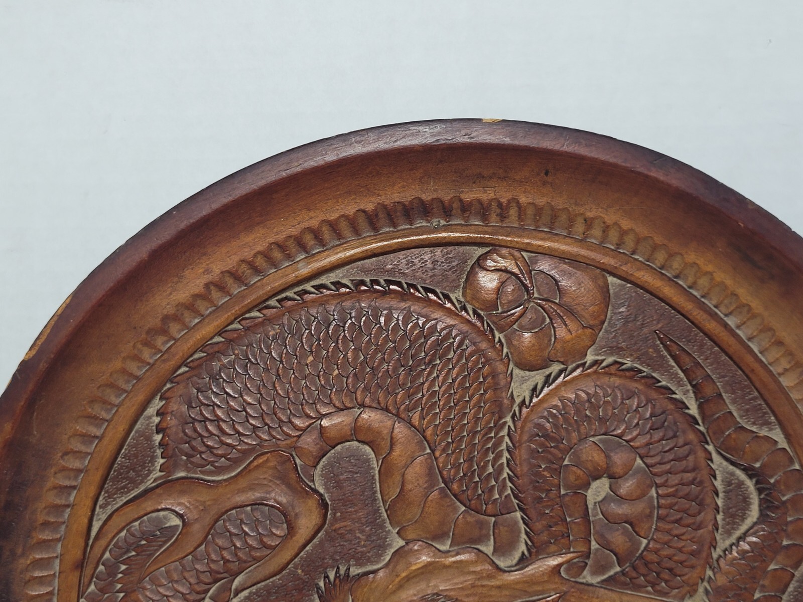Vintage Carved Wooden Dragon Plaque Plate Chinese Decor Asian Oriental