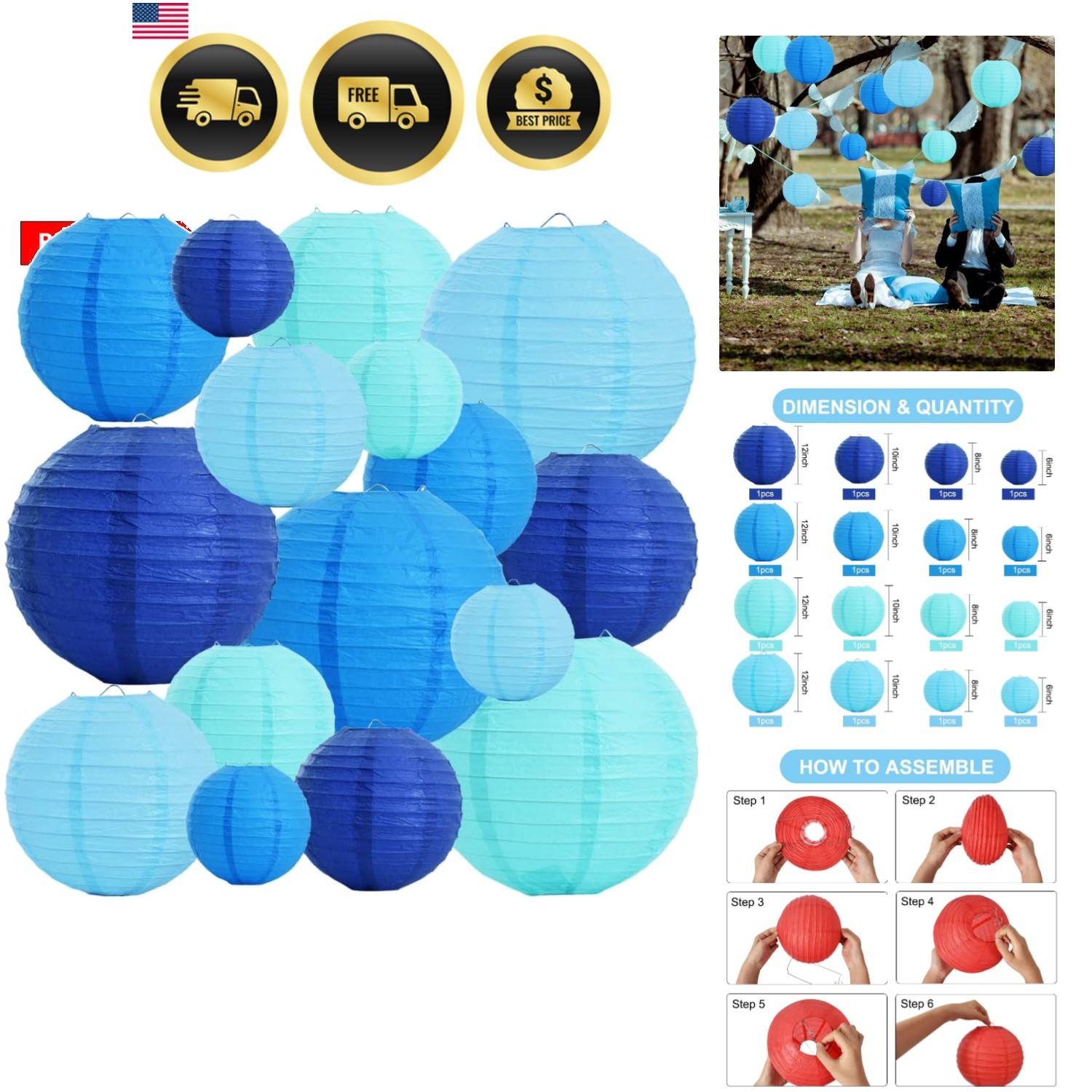 16 Pcs Blue White Round Paper Lanterns Decorative Hanging Asia Chinese Japane…