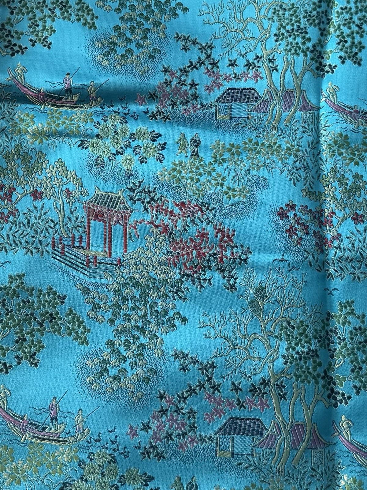 Vintage Chinese Blue Brocade Fabric Textile 4Yds X 36″ Wide Pagoda Flowers Boat
