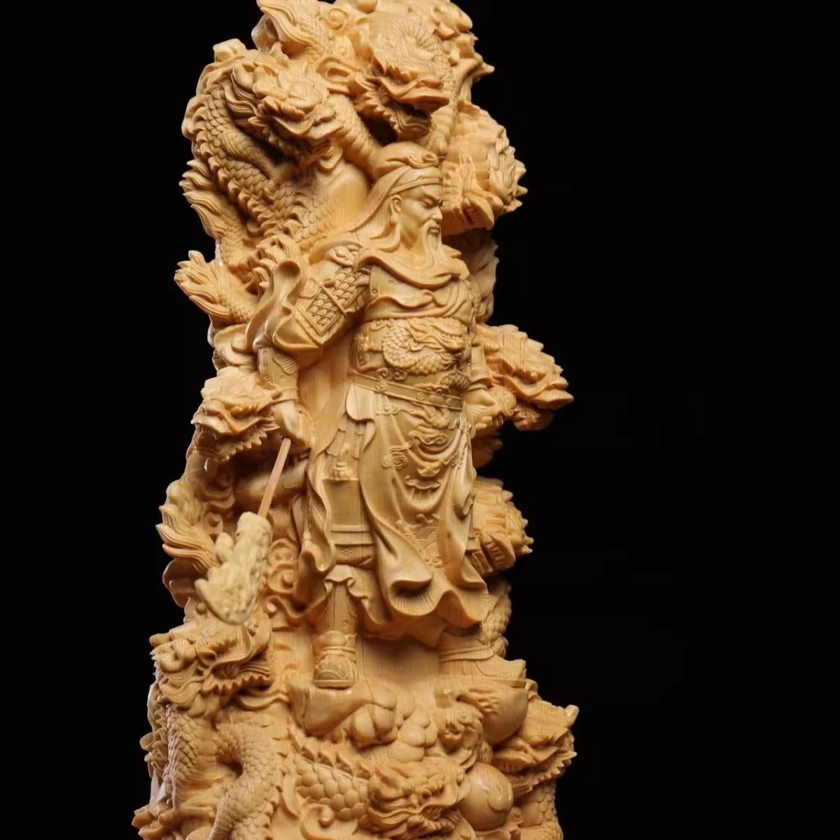 8″ Chinese Cypress Wood Carved Guan Yu Guan Gong Warrior Dragon Statue Figurine