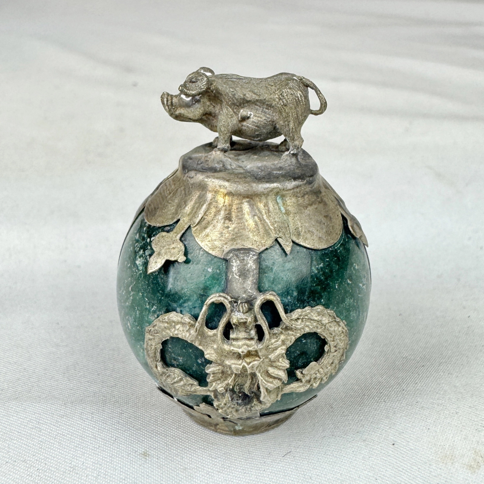 Vintage Chinese Zodiac PIG Green Marble Orb, Pewter/Tin Finial, Dragon Motif
