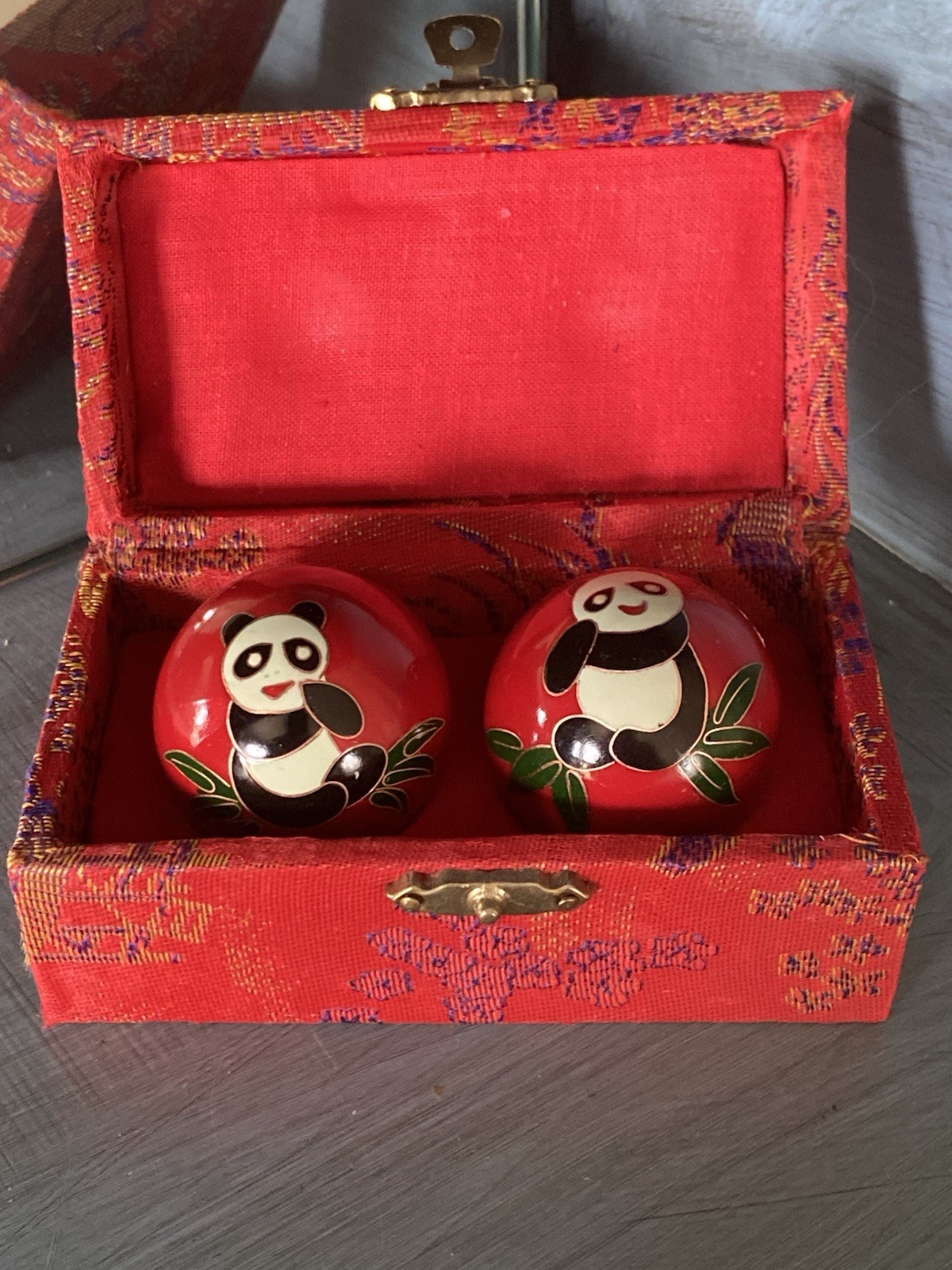 Vintage Chinese Musical Baoding Balls 2 Pc Panda Meditation Set w/ Orig. Red Box