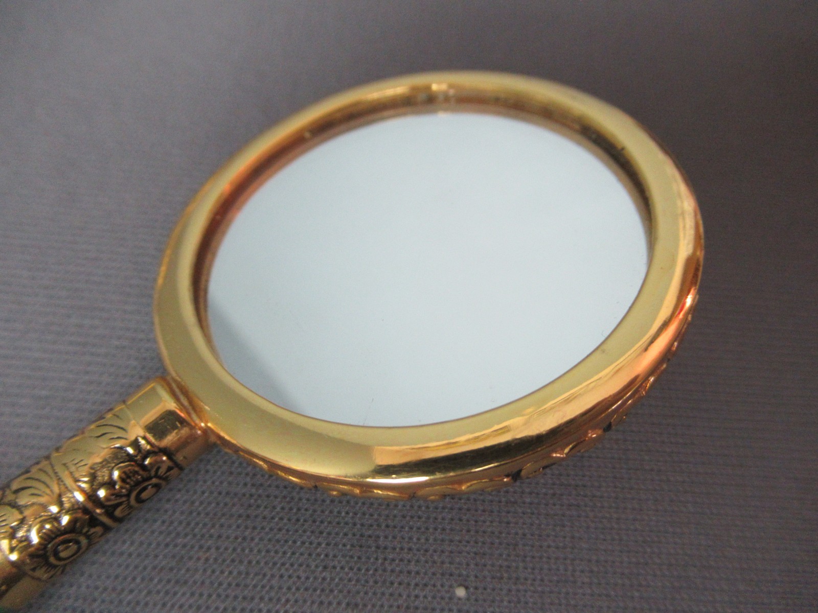 Vintage Chinese Small Hand Mirror Jade Handle Gold Tone Gemstones w/ Cover g6 bz