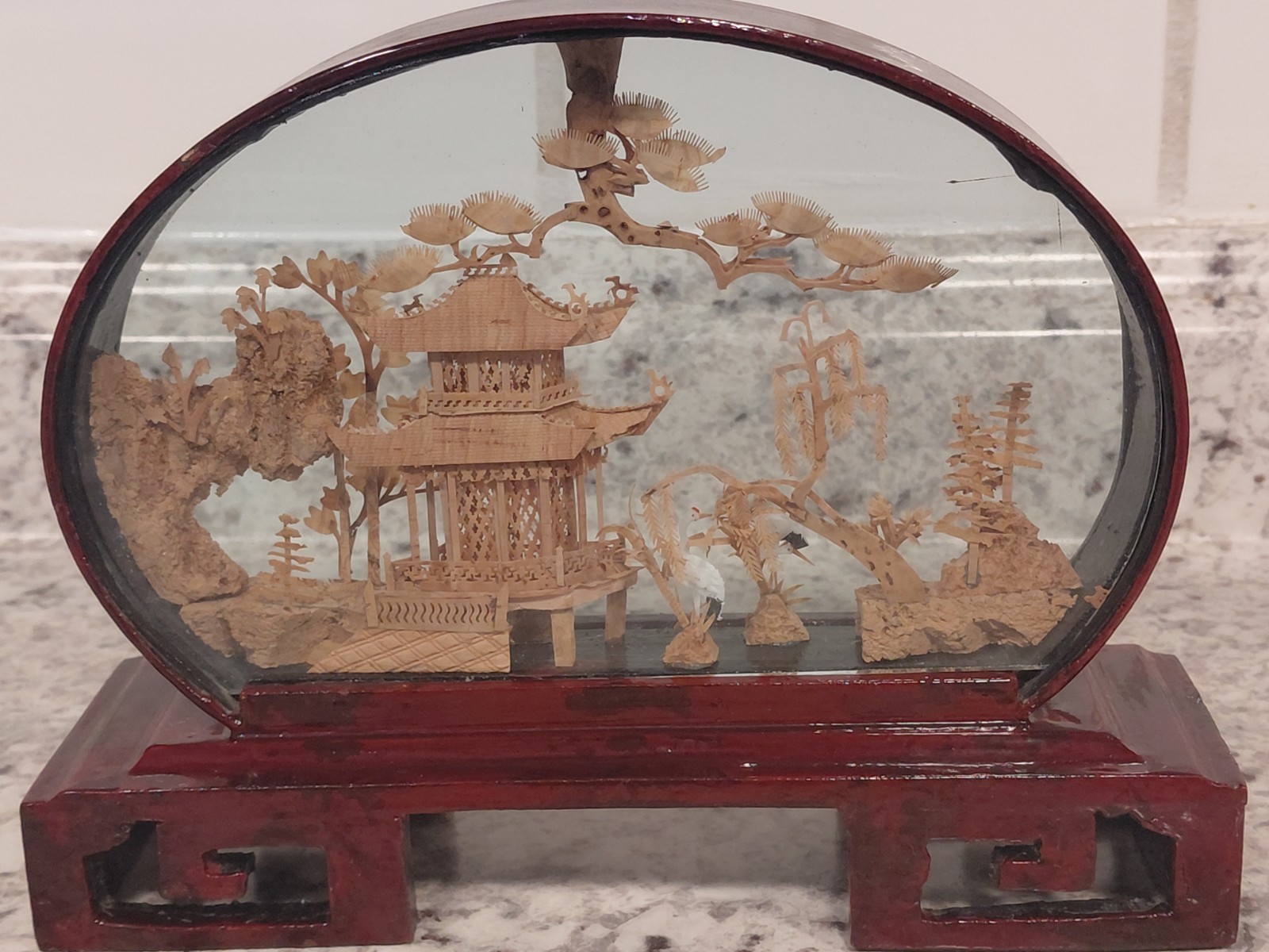 Vintage Oval Chinese Cork Art Diorama Shadow Box Pagoda Cranes Scene Glass Frame