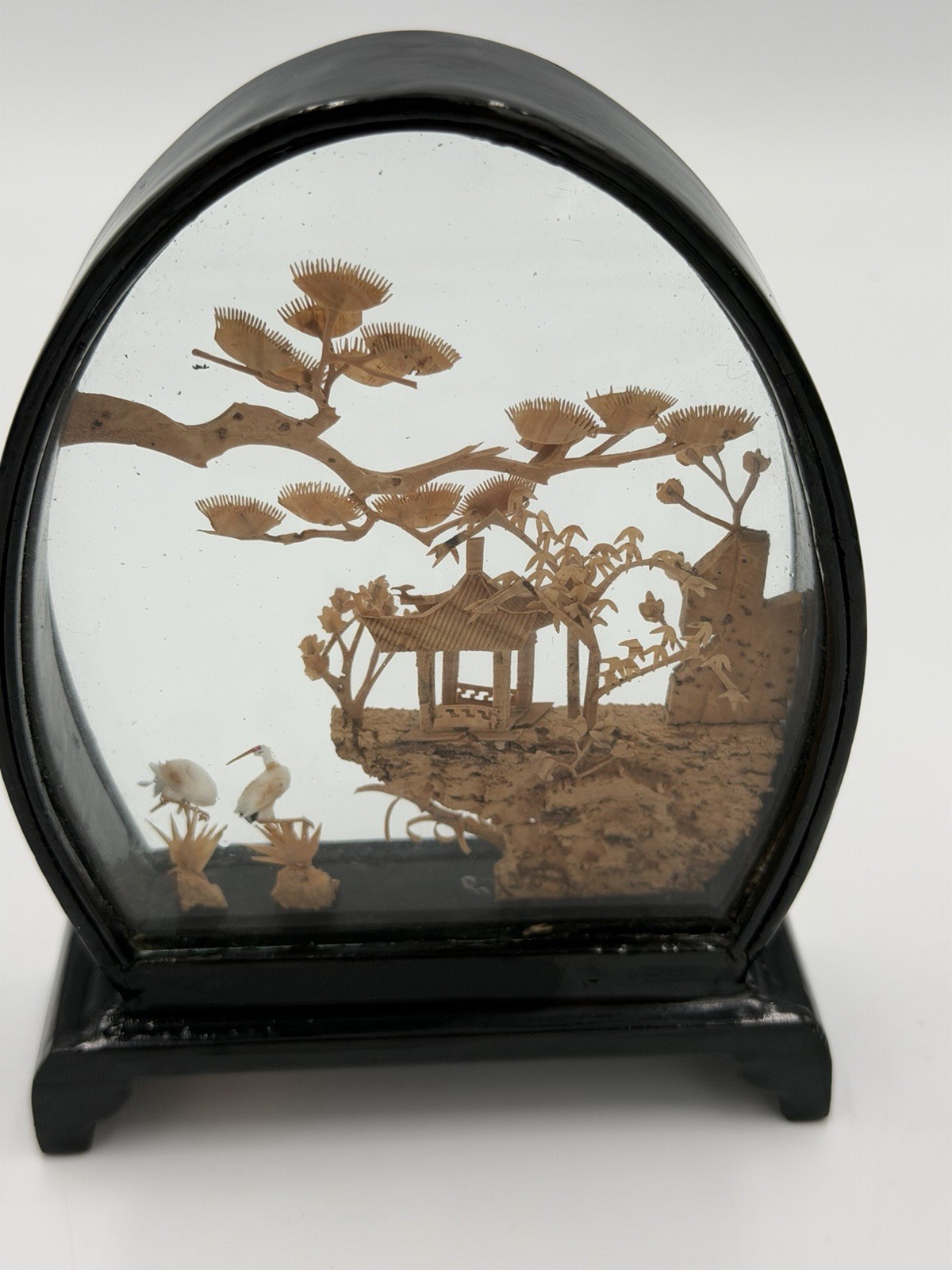 Vintage Chinese San You Cork Carving Diorama 4.5″ Miniature Shadow Box Cranes