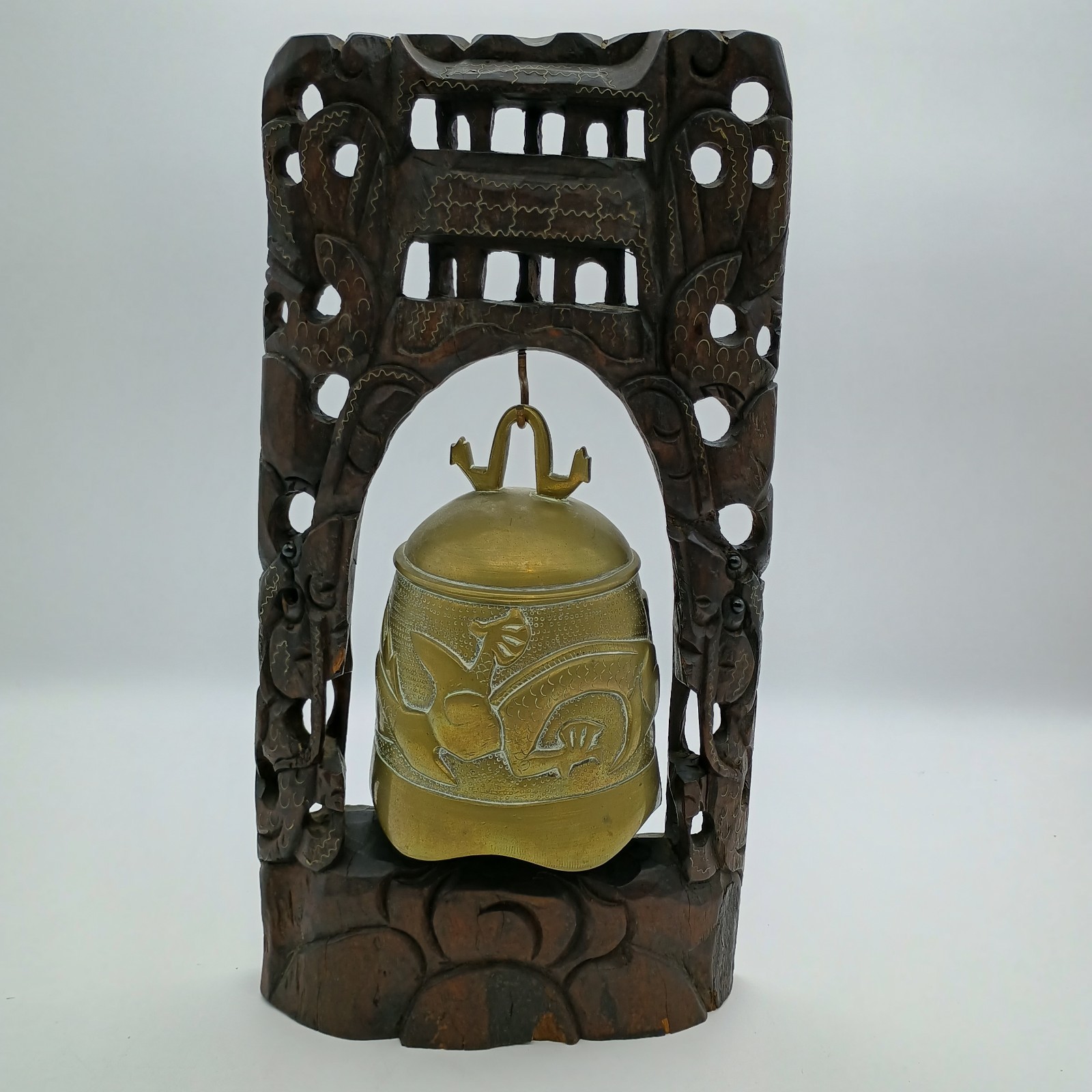 Vintage Chinese Wood Hand Carved Frame Holder With Brass Bell Dragon
