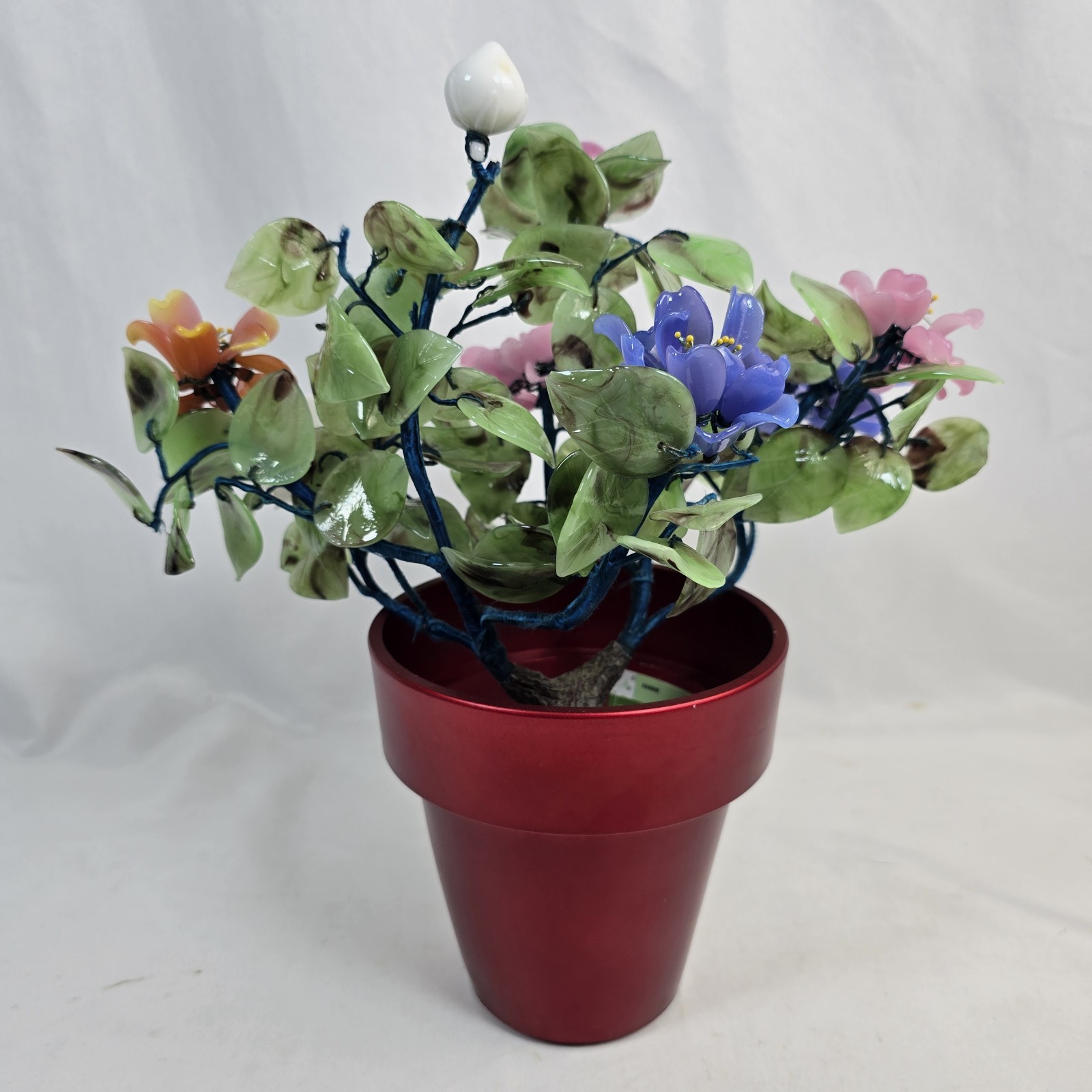 Chinese Jade Glass Bonsai Tree With Flowers and Pot 12 Inch X 11 Inch Approx