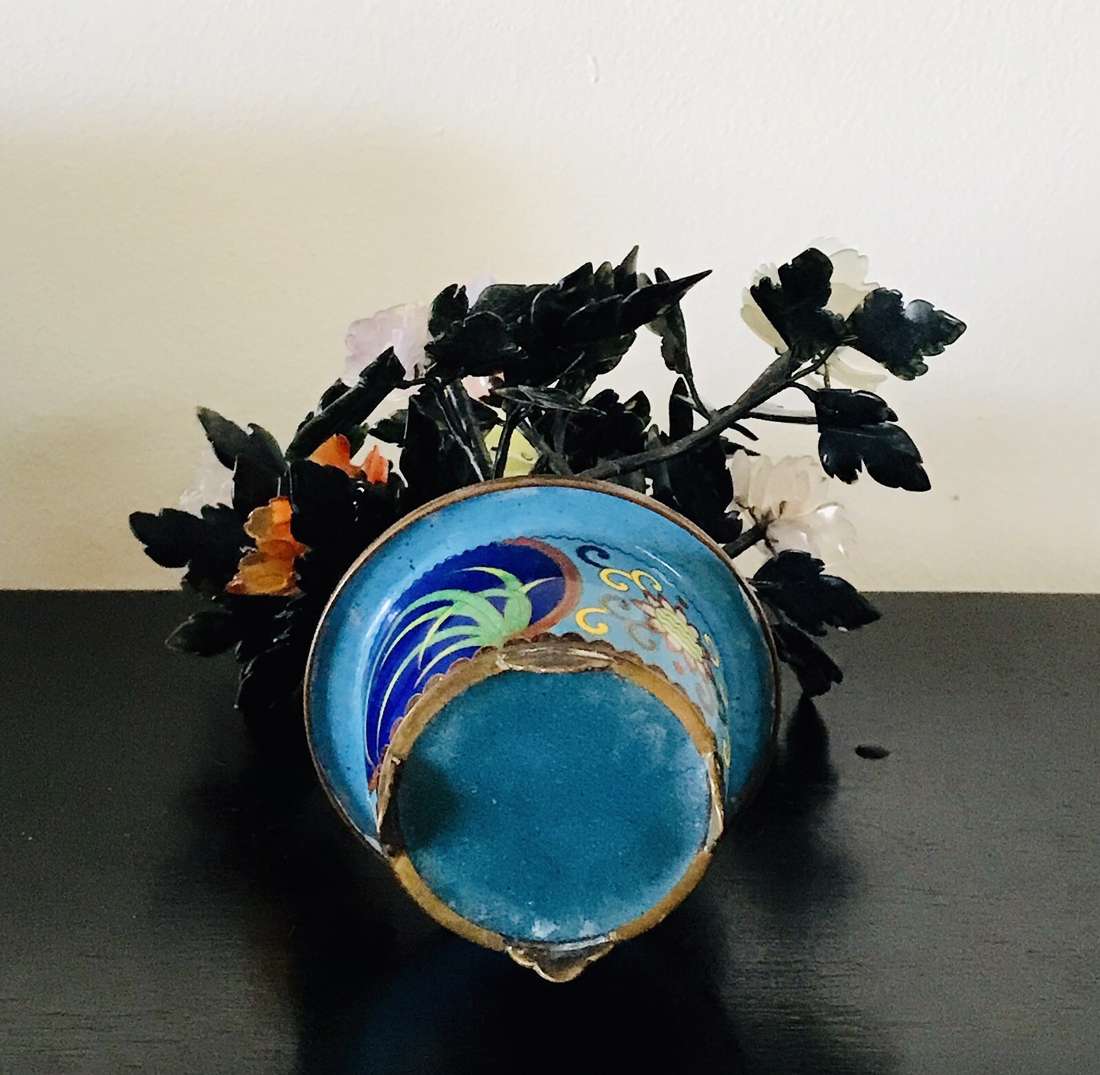 Chinese Jade Bonsai Tree in Cloisonne Pot, 8.5” Inches Tall