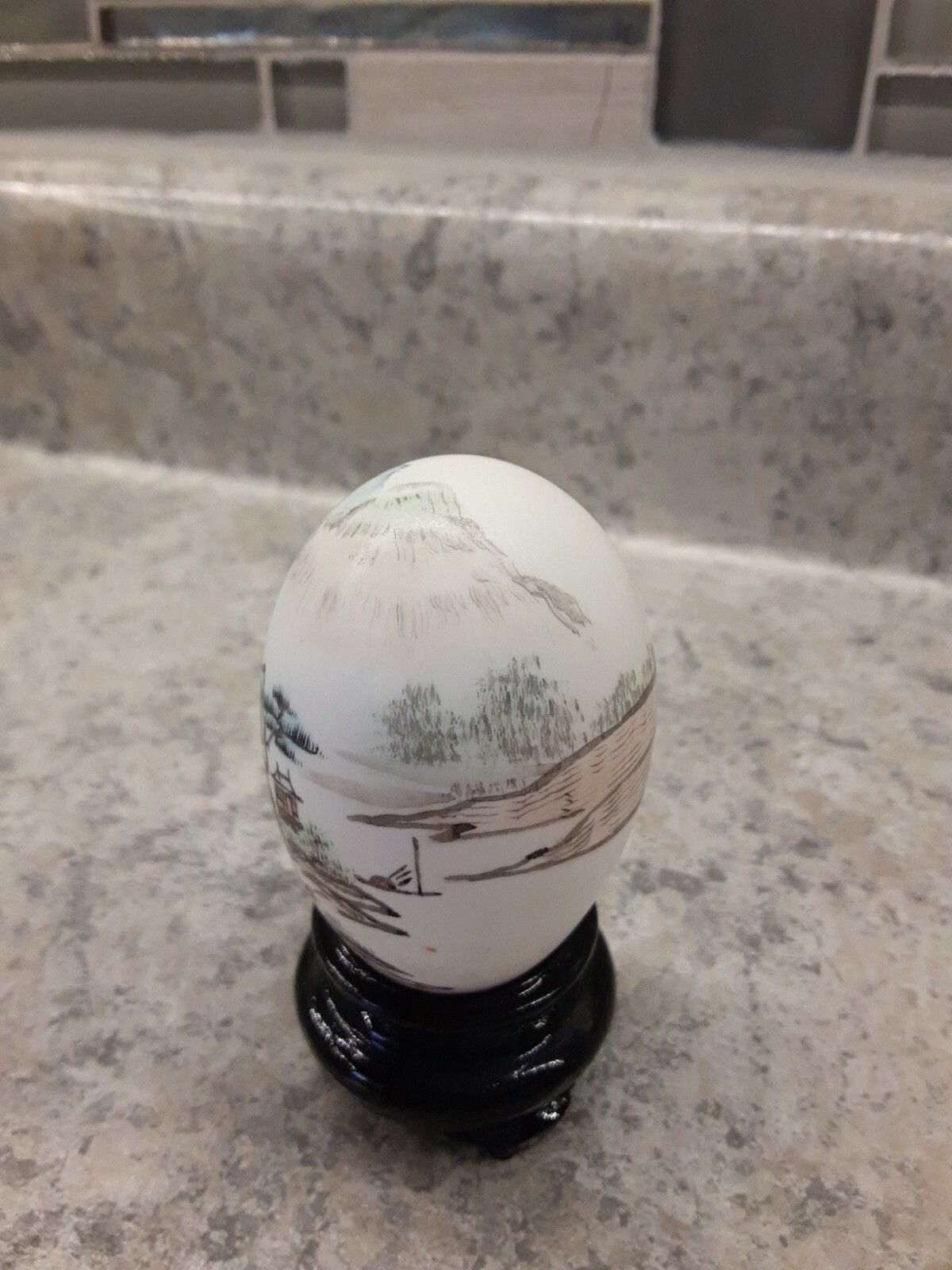Oriental Art Painted Egg & Base Artist Signed China